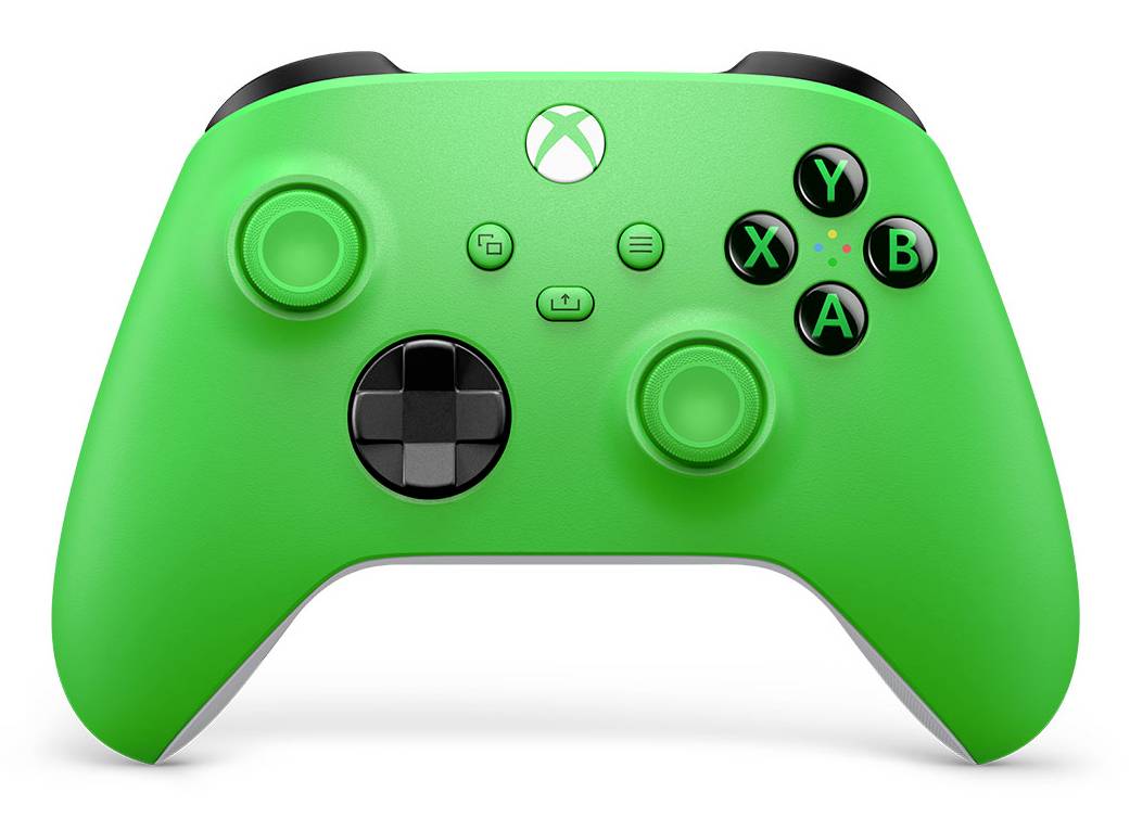 Grüner Xbox-Wireless-Spielcontroller, von vorne gezeigt, mit Analog-Sticks, D-Pad, ABXY-Tasten und Xbox-Logo.