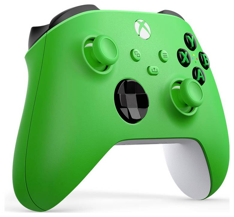 Leuchtend grüner Xbox-ähnlicher Gamecontroller mit schwarzen und weißen Akzenten, vor einem einfachen weißen Hintergrund gezeigt.