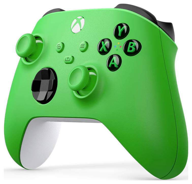 Lebhaft grüner Xbox-ähnlicher Gamecontroller mit schwarzen Tasten und analogen Sticks auf weißem Hintergrund.