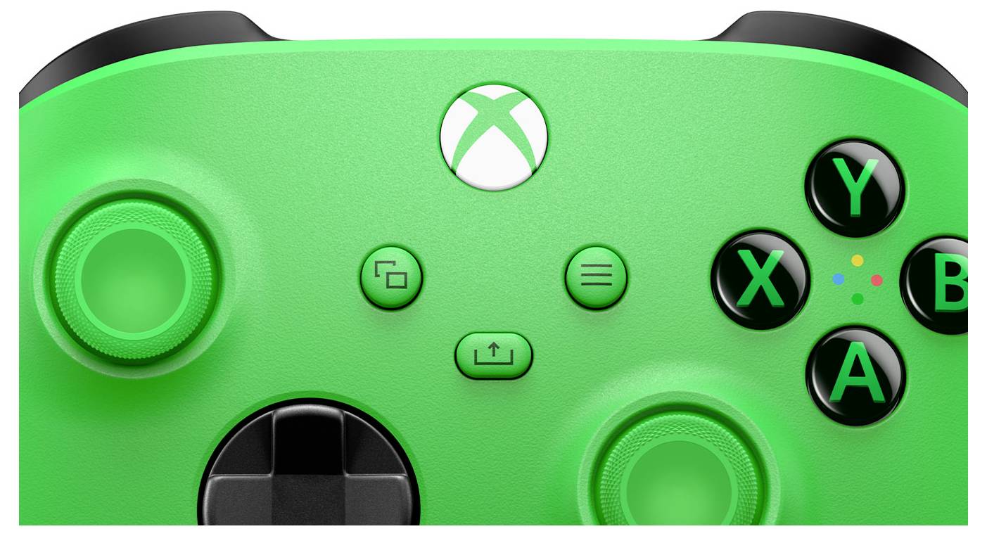 Nahaufnahme eines leuchtend grünen Xbox-Controllers mit Logo, linkem Joystick, D-Pad, Menütasten und den Tasten A, B, X und Y.