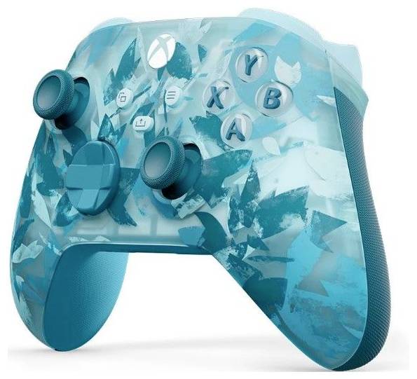 Ein türkisfarbener Camouflage-Gamecontroller mit Xbox-ähnlichen Tasten und analogen Sticks, gezeigt auf weißem Hintergrund.