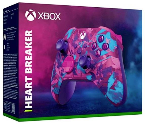 Xbox Heart Breaker Sondereditions-Controllerbox mit einem rosa und blau getarnten Xbox-Spielcontroller.