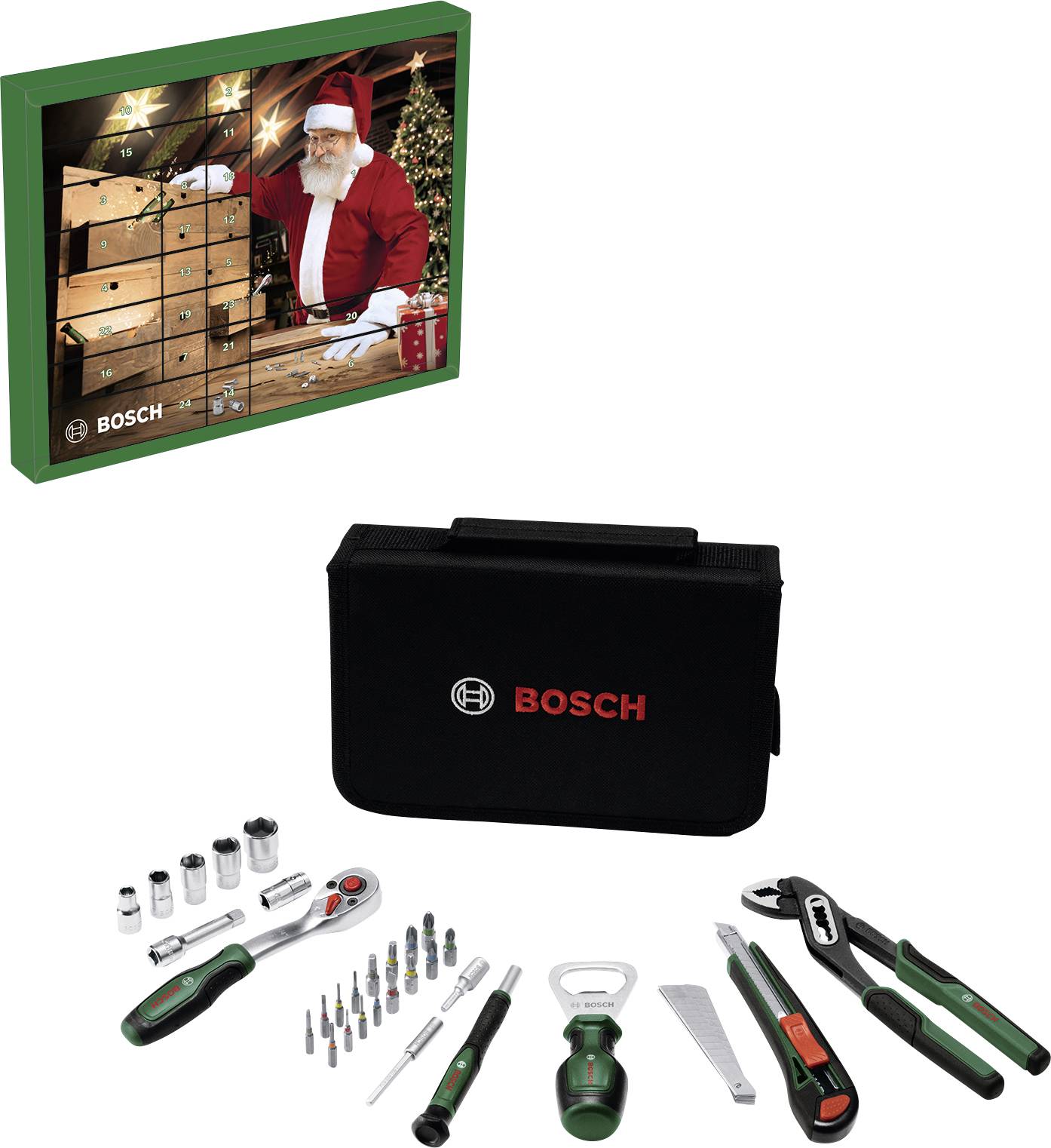 Bosch Adventskalender mit Weihnachtsmannmotiv, schwarze Bosch Werkzeugtasche, Ratsche, Steckschlüssel, Schraubendreher-Bits, Universalmesser, Feile und Zange auf weißem Hintergrund.