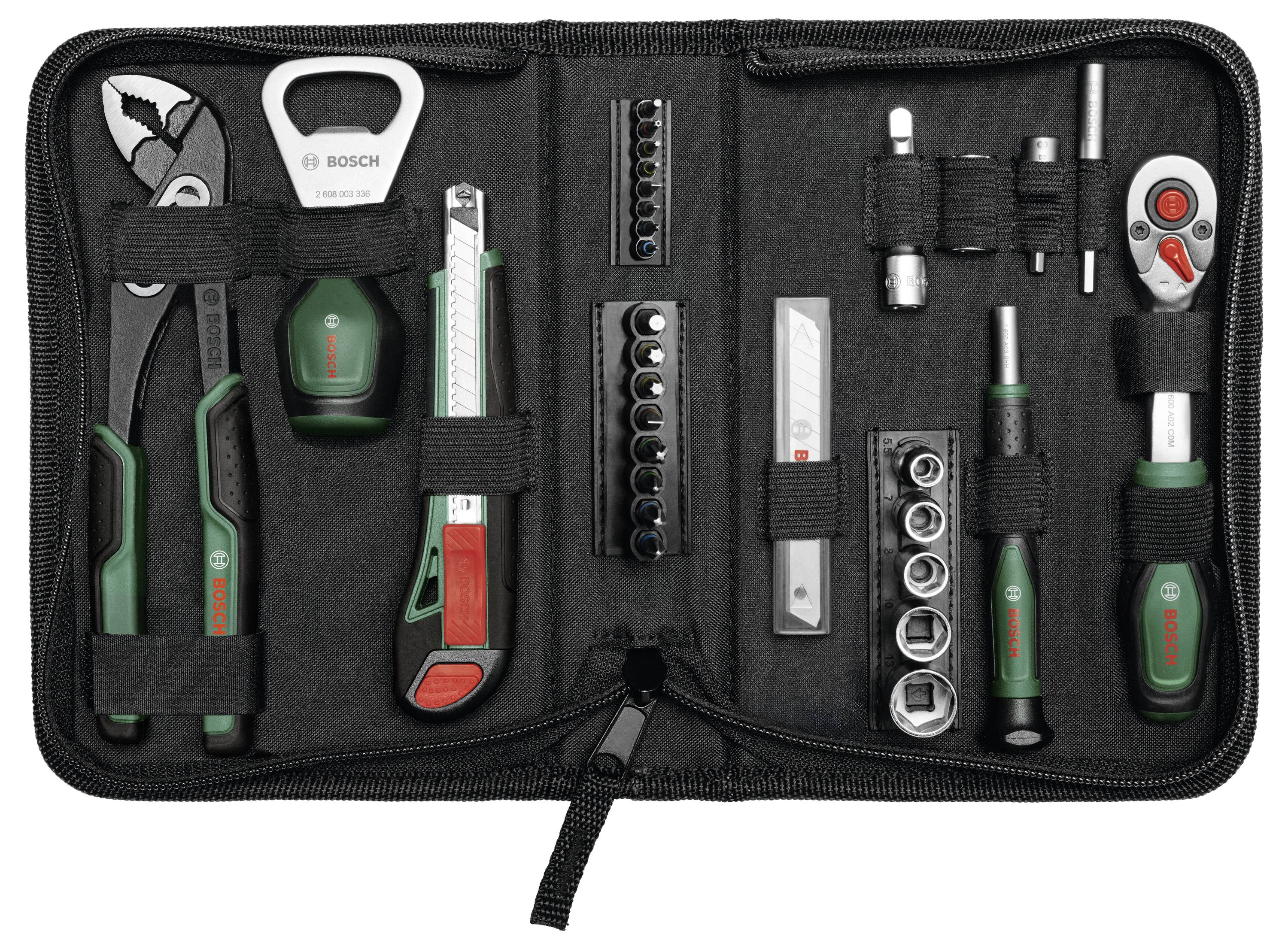 Offener Werkzeugkasten mit assortiertem Bosch-Handwerkzeug, einschließlich Zangen, Universalmesser, Schraubendreherbits, Steckschlüssel, Ratsche und Bohrbithaltern.