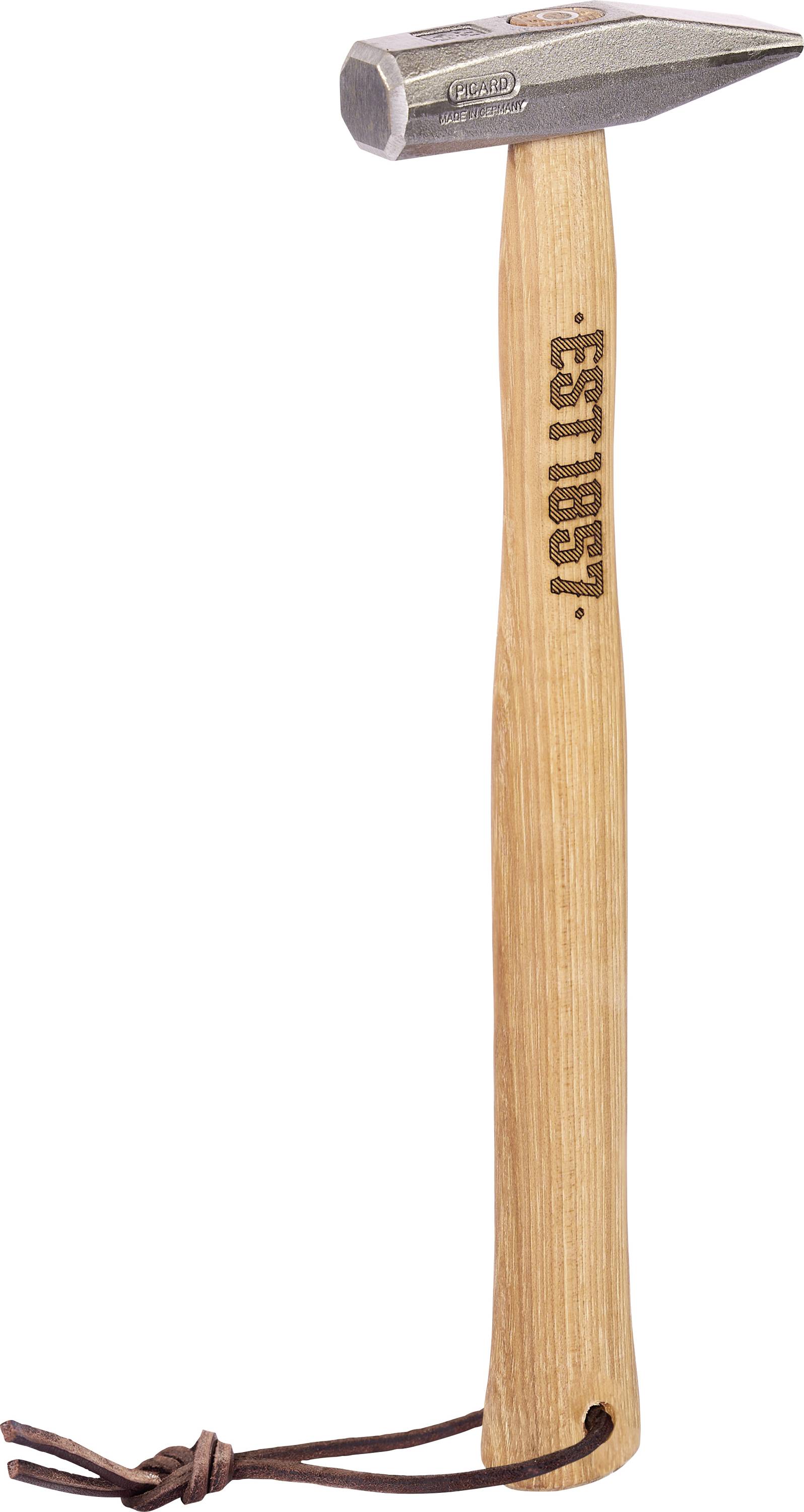 Klauenhammer mit Holzgriff und Lederhandgelenkschlaufe, aufrecht auf weißem Hintergrund dargestellt.