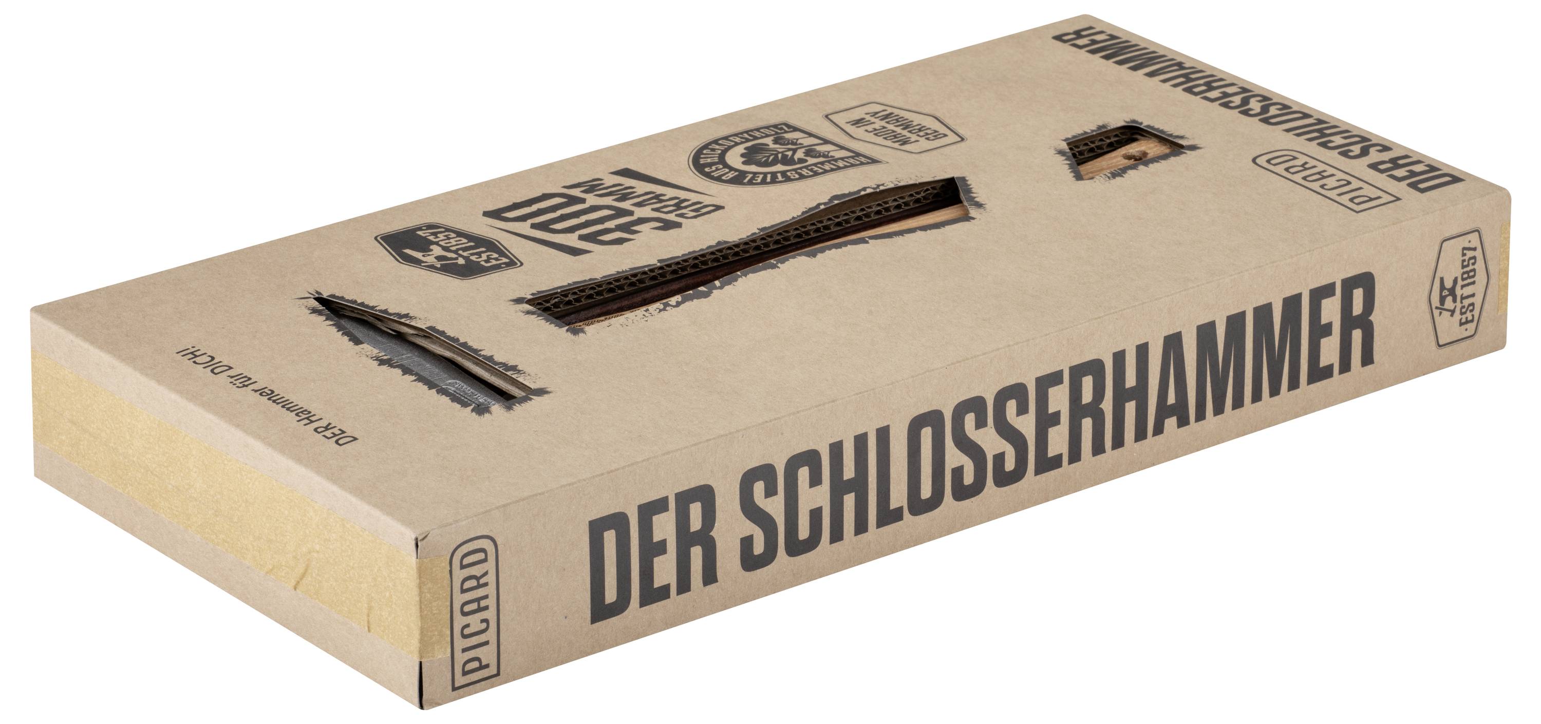 Pappproduktbox mit der Bezeichnung „DER SCHLOSSERHAMMER
