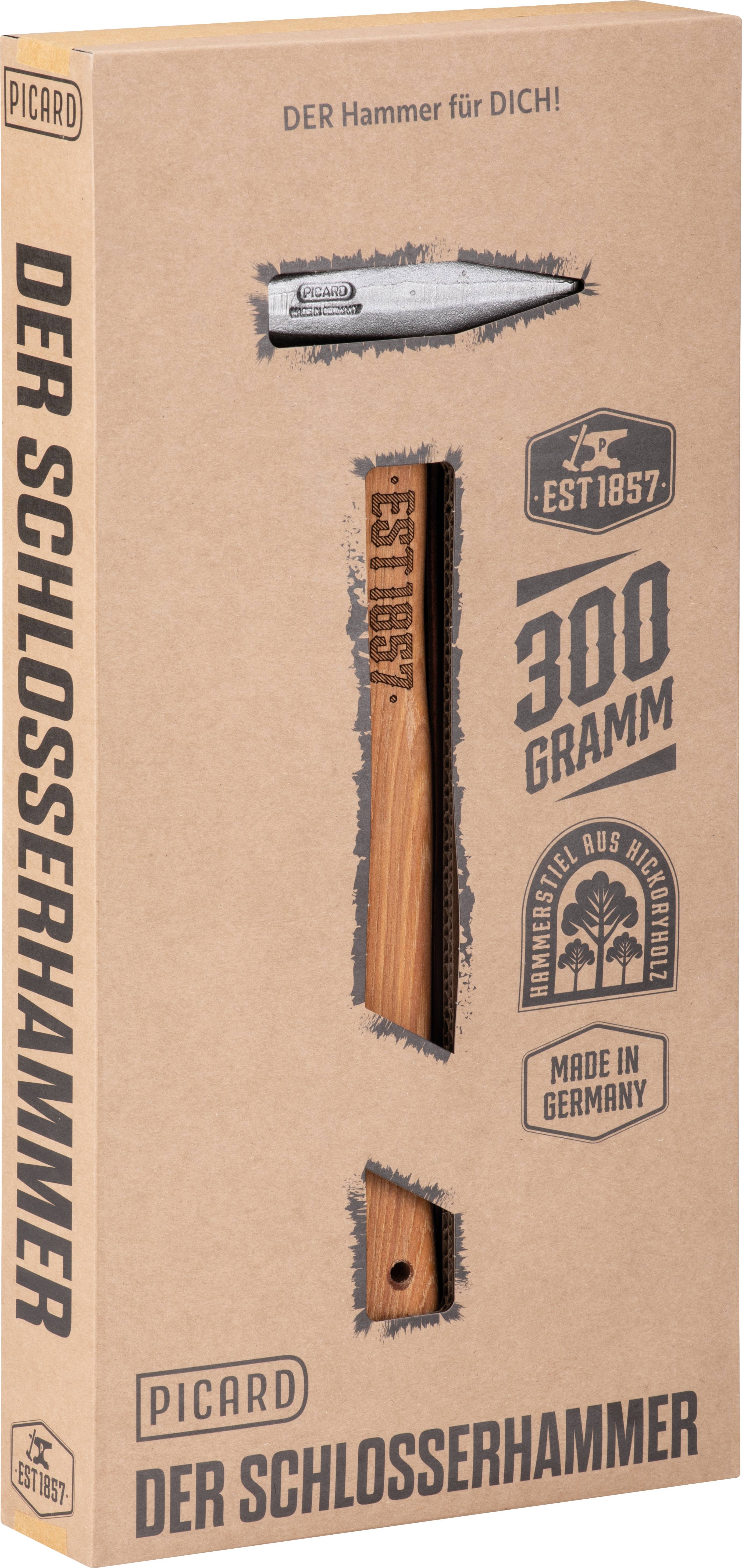 Verpackung für einen PICARD 'DER SCHLOSSERHAMMER' Hammer, zeigt einen Metallhammer und 300 GRAMM, MADE IN GERMANY Etiketten.