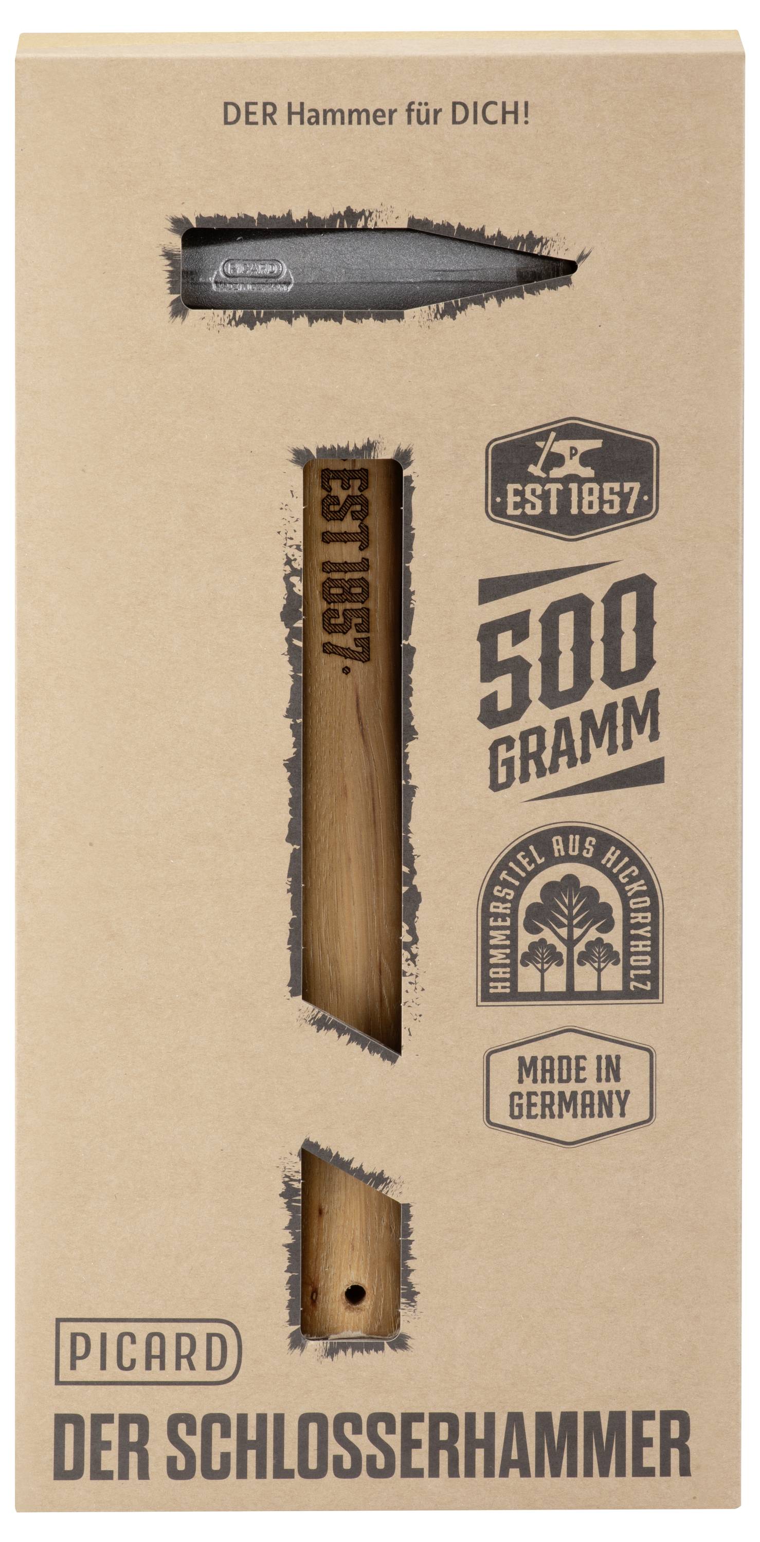 Verpackung für einen Picard 'Der Schlosserhammer' Schlosser-Hammer, zeigt die Hammer-Silhouette, '500 GRAMM', 'MADE IN GERMANY' und 'EST 1857'.