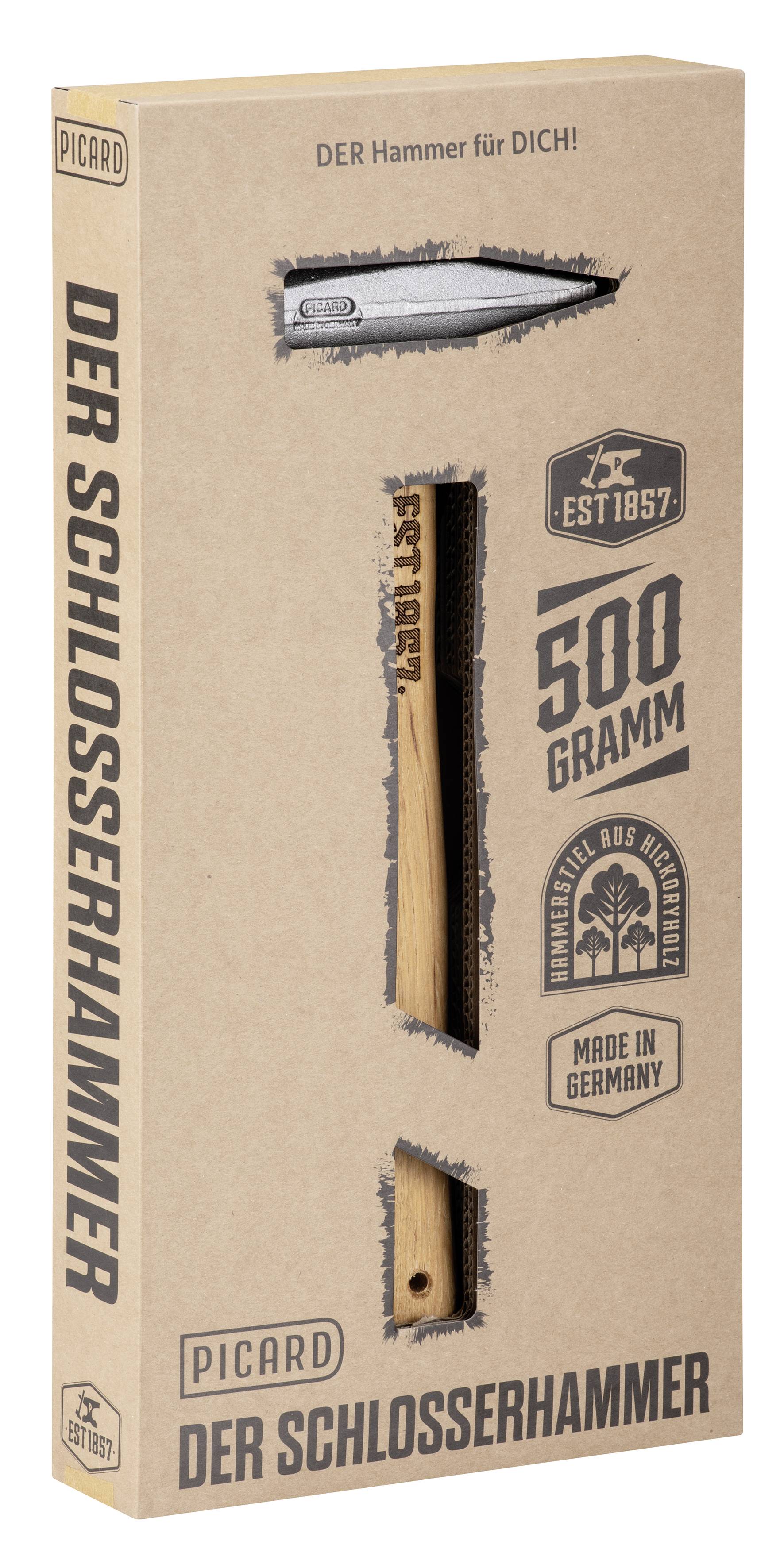 Produktverpackung für PICARD 'DER SCHLOSSERHAMMER' mit einer Hammerillustration, 500-Gramm-Gewicht und 'Made in Germany'-Branding.