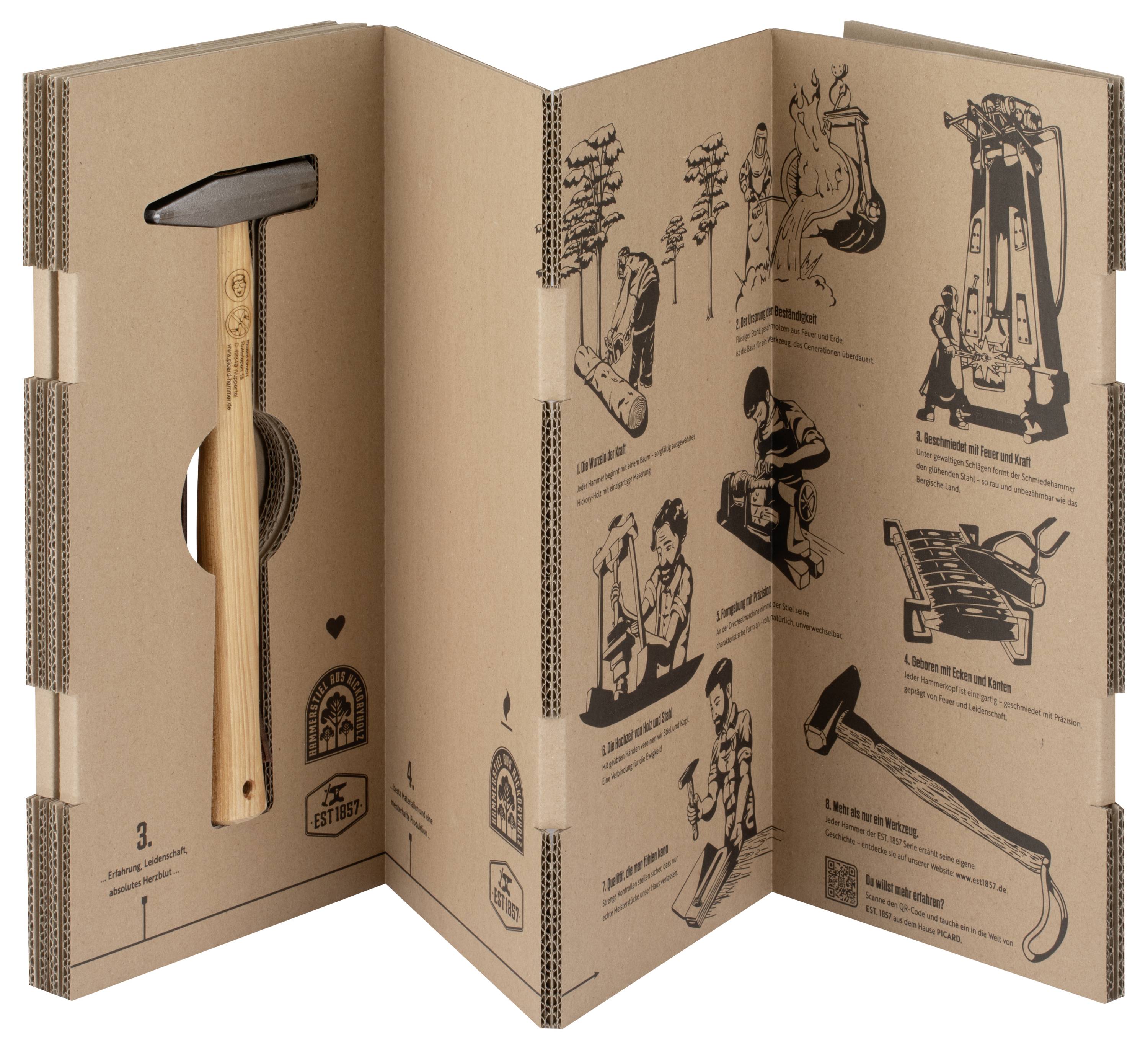Pappverpackung aufgeklappt, die einen gesicherten Hammer im Inneren zeigt, mit gedruckten Schritt-für-Schritt-Werkzeugabbildungen auf den Seitenwänden.