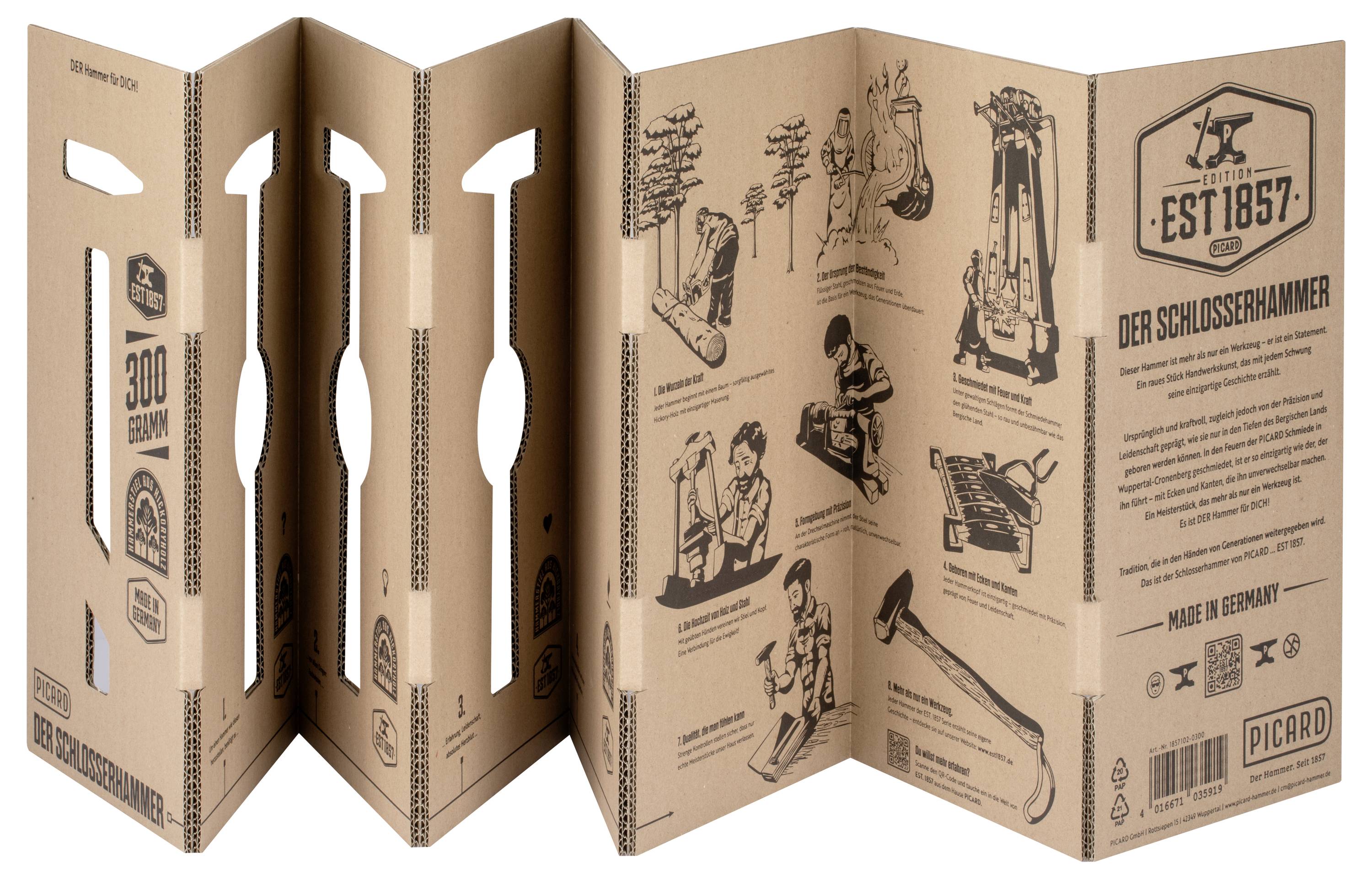 Gefaltete Kartonverpackungsbox mit gestanzten Griffen und gedruckten Vintage-Werkzeugillustrationen, beschriftet mit „EST 1857