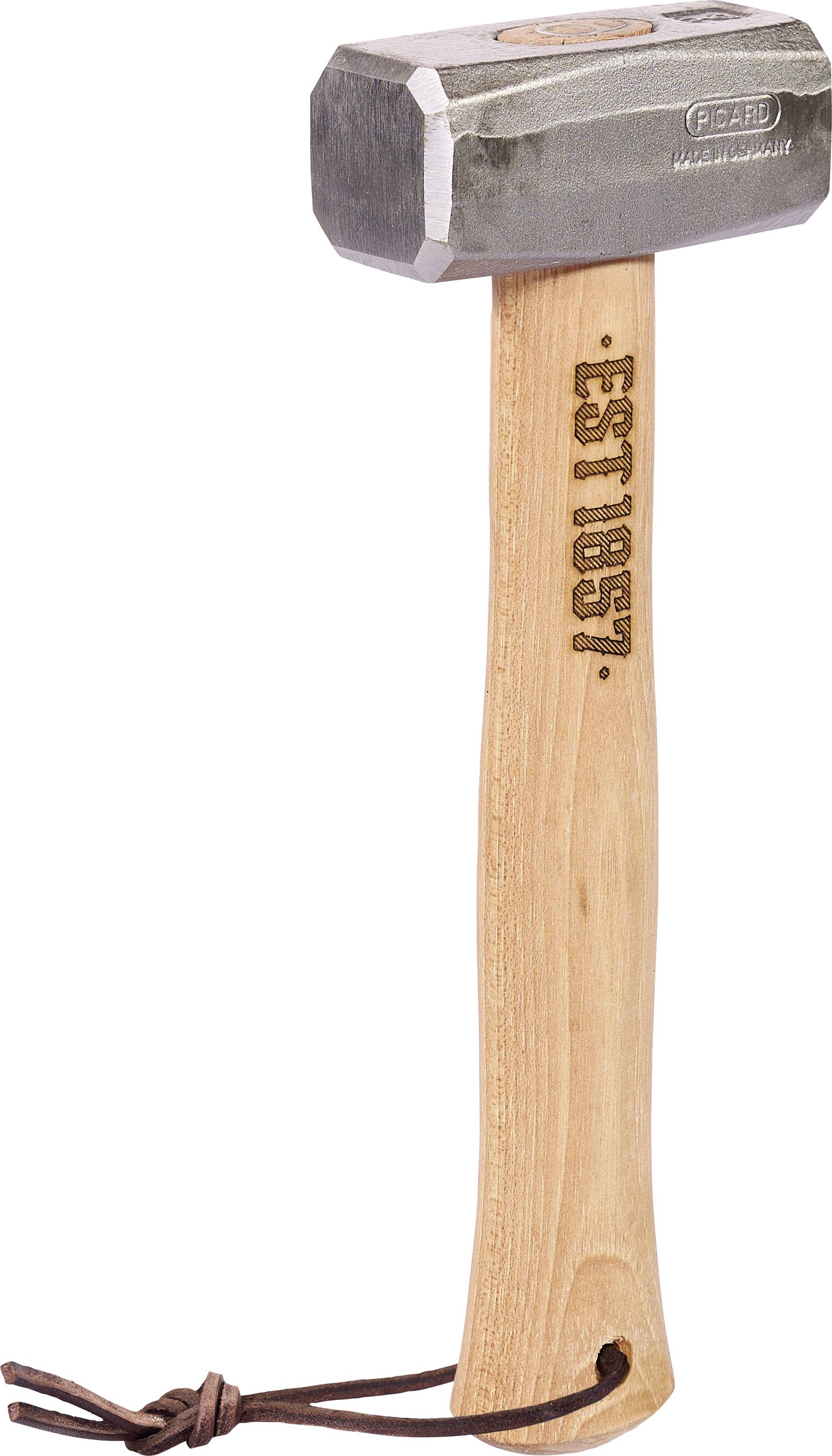 Ein Vorschlaghammer mit einem Holzgriff, der mit einer Lederschlaufe gebunden ist.