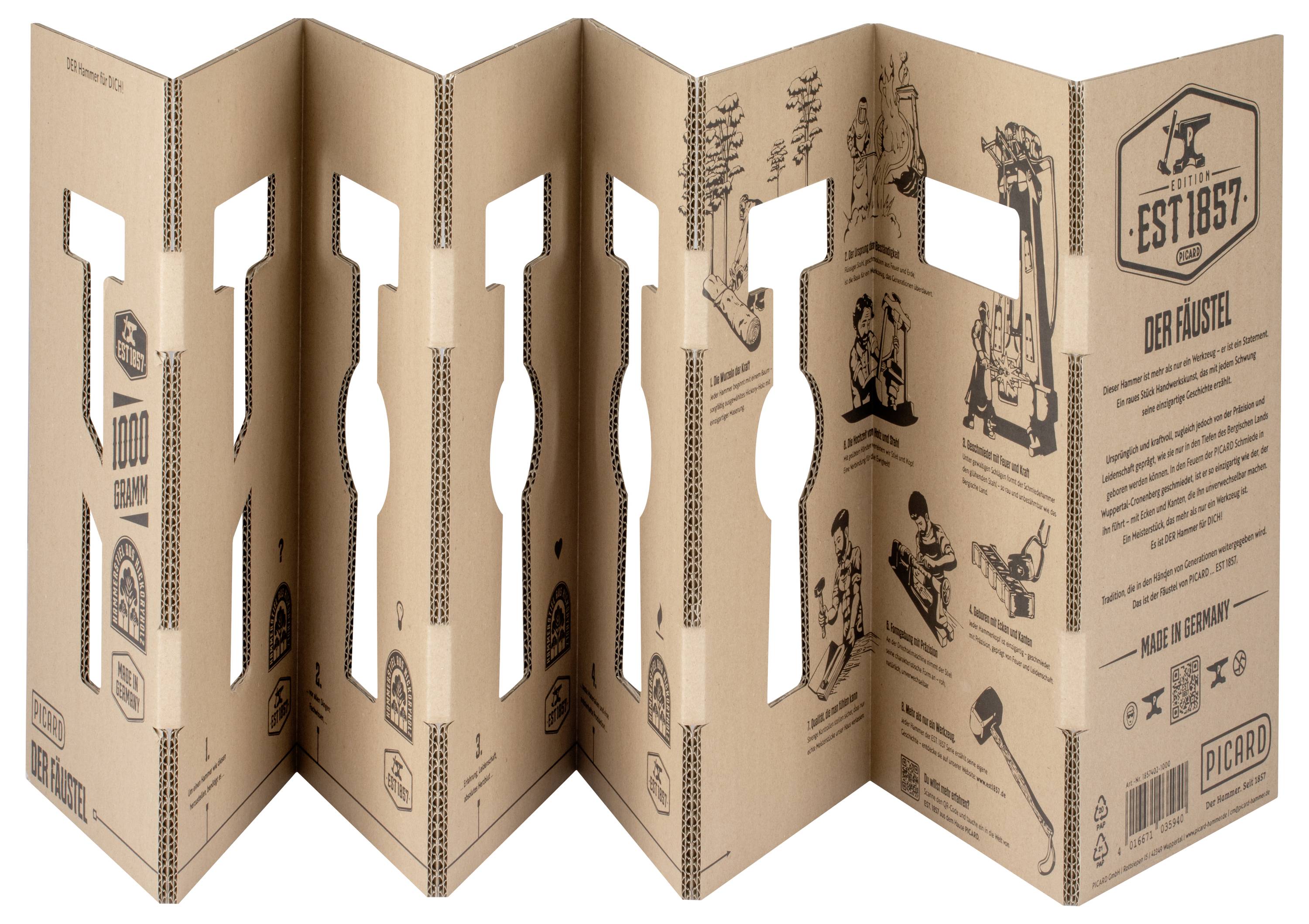 Accordion-Falt-Kartonverpackungsbox mit messerförmigen Ausschnitten und Vintage-Stil schwarze gedruckte Illustrationen und Text, offen auf weißem Hintergrund gezeigt.