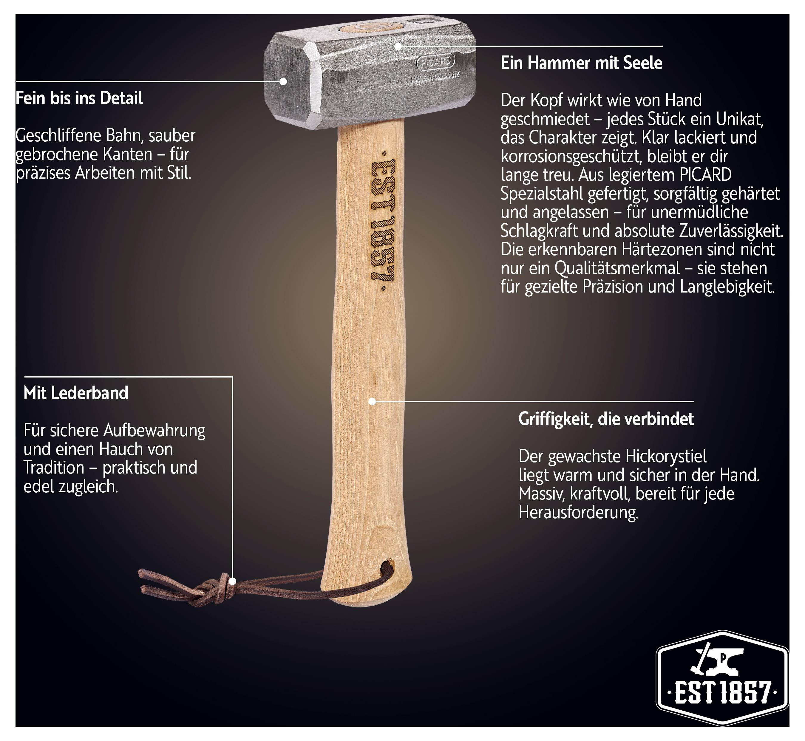 Annotierte Produktabbildung eines Hammers mit Lederriemen, der den polierten Kopf, den Holzgriff und deutschen Text über Haltbarkeit, Griffigkeit und Präzision hervorhebt.