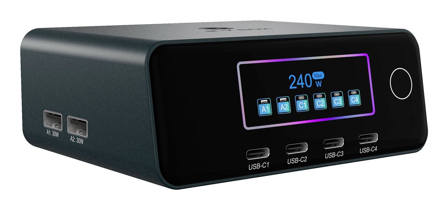 Schwarze Desktop-Ladestation mit digitalem Display, das „240W