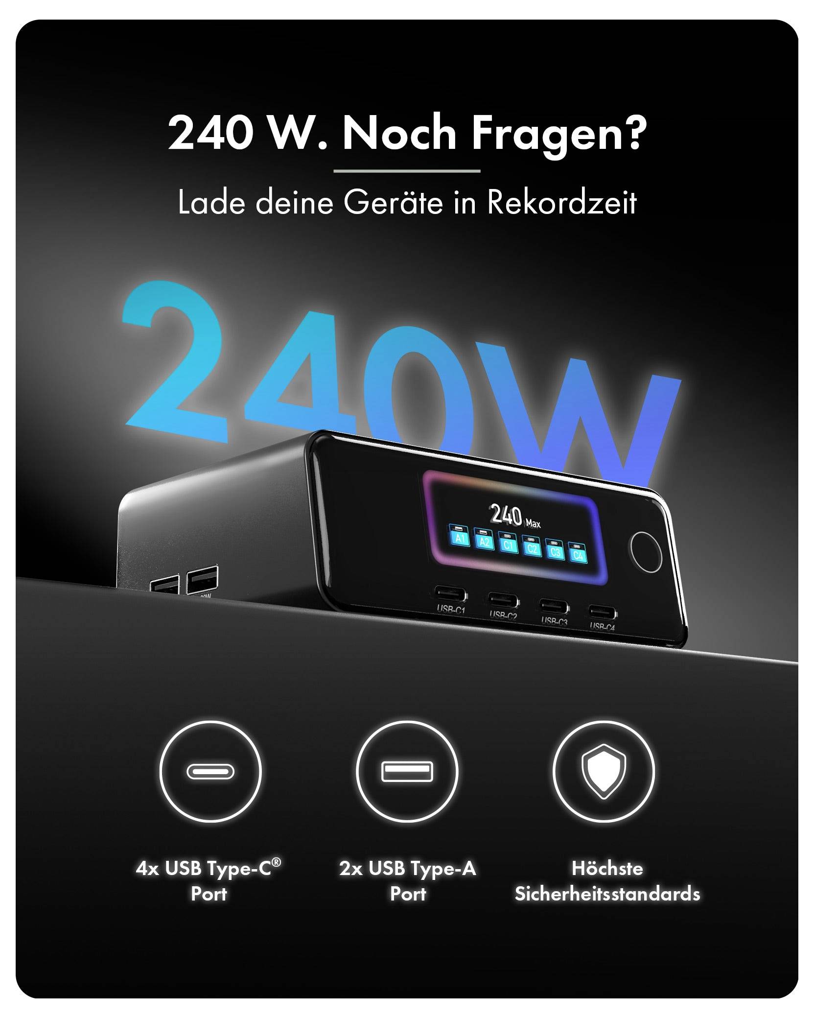 Werbebild eines 240-W-Ladegeräts mit dem Text „240 W. Noch Fragen? Lade deine Geräte in Rekordzeit