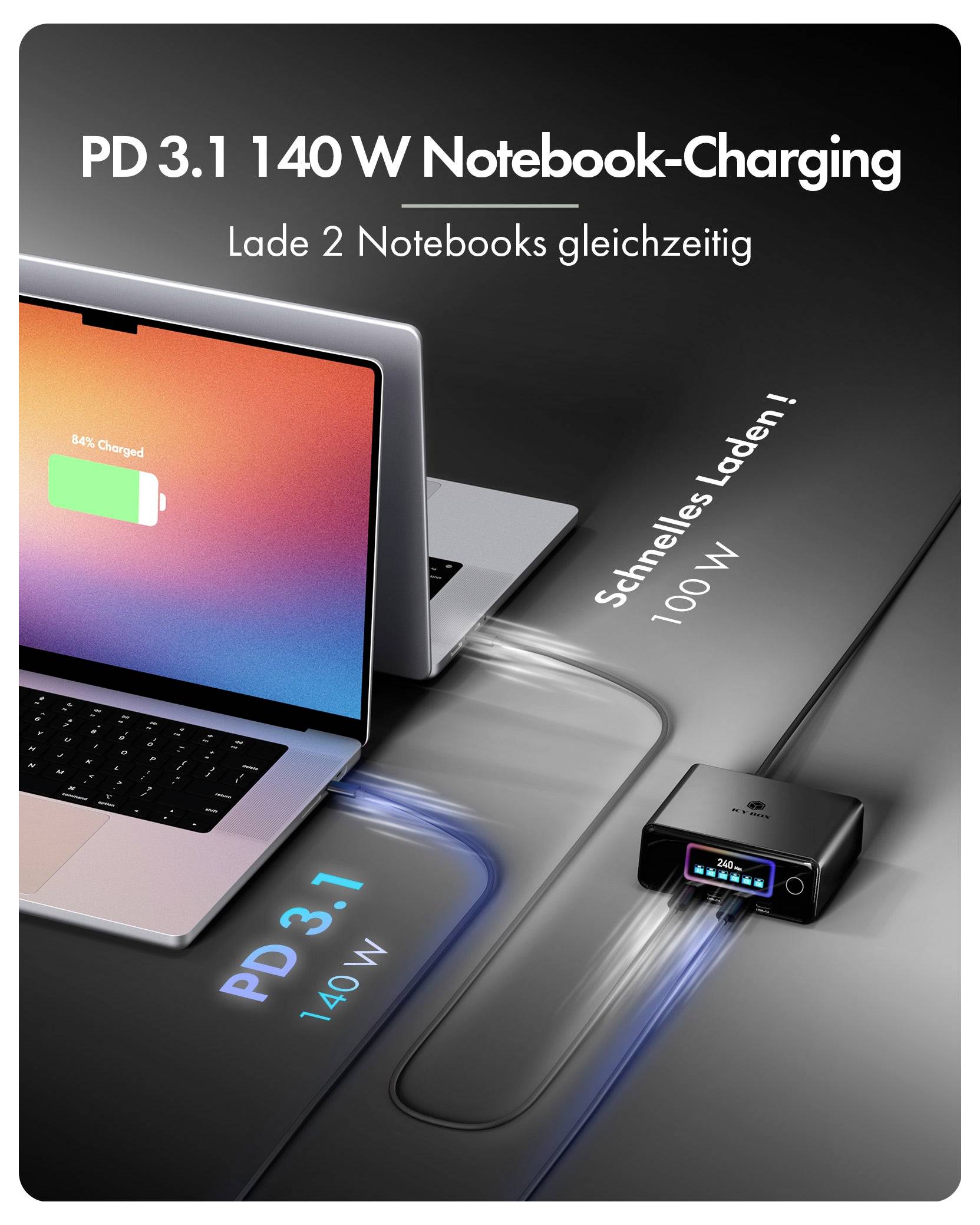 ICY BOX IB-PS2401 USB Ladestation 240W 4x USB-C®, 2x USB-A Schwarz Innenbereich GaN