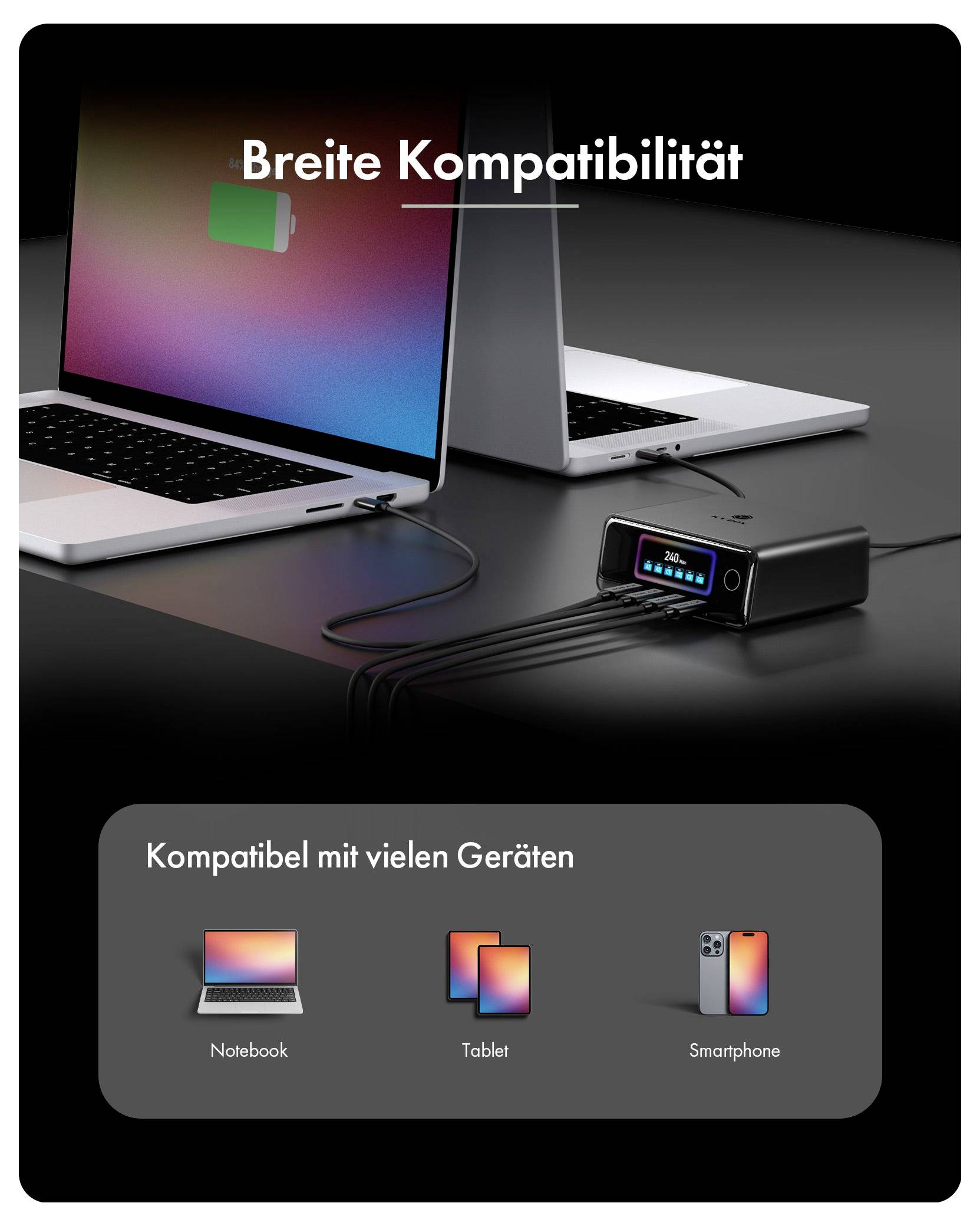 ICY BOX IB-PS2401 USB Ladestation 240W 4x USB-C®, 2x USB-A Schwarz Innenbereich GaN