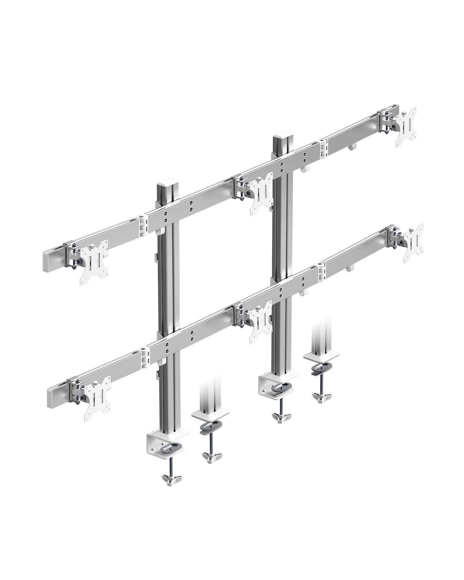 3D-Darstellung eines aus Metall gefertigten, wandgestützten Rahmens mit zwei horizontalen Schienen, vertikalen Pfosten und Montageklammern zur Befestigung von Ausrüstung.