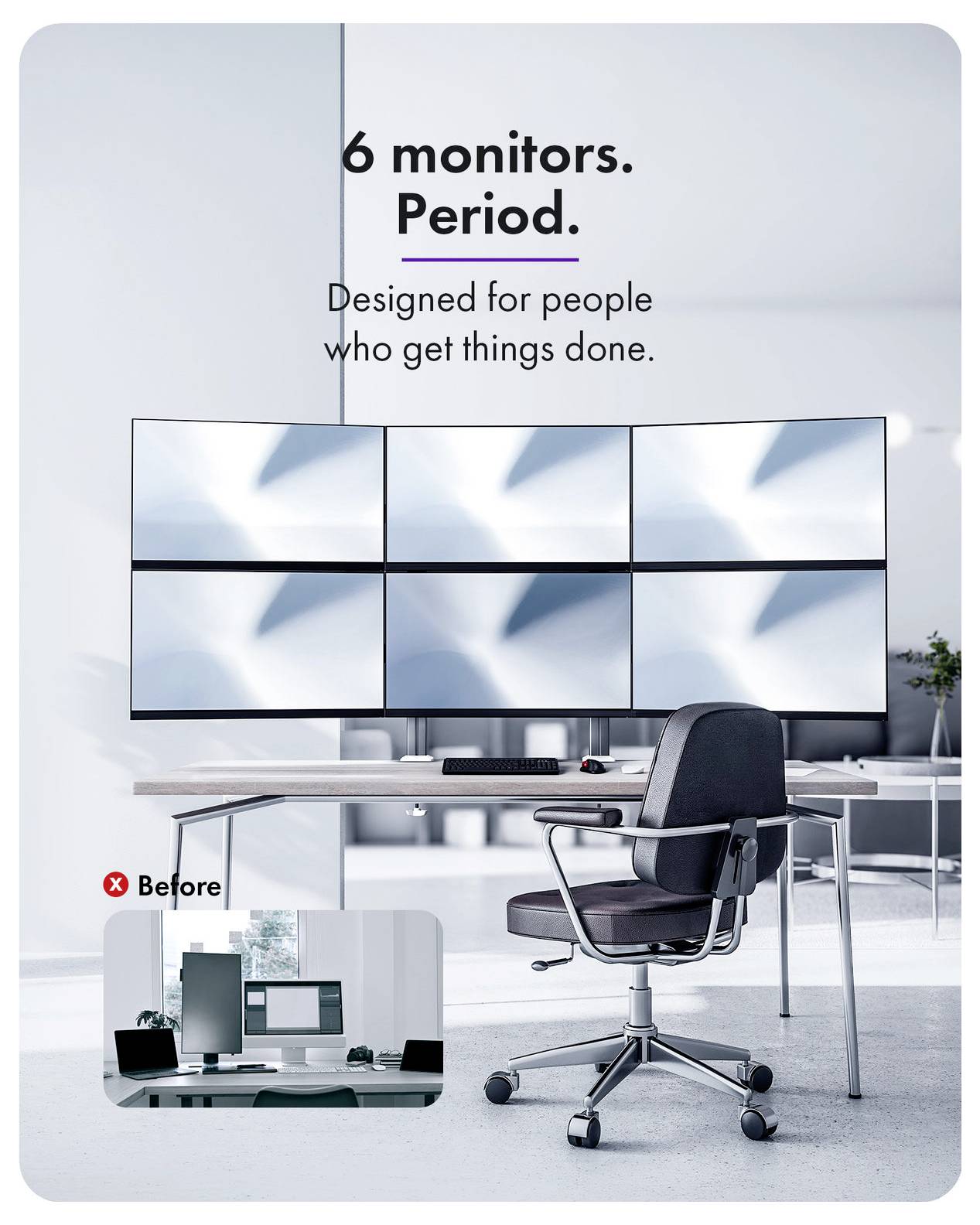 Büroeinrichtung mit sechs Monitoren auf einem Schreibtisch und einem Stuhl; der Anzeigentext lautet „6 Monitore. Punkt. Entworfen für Menschen, die Dinge erledigen.