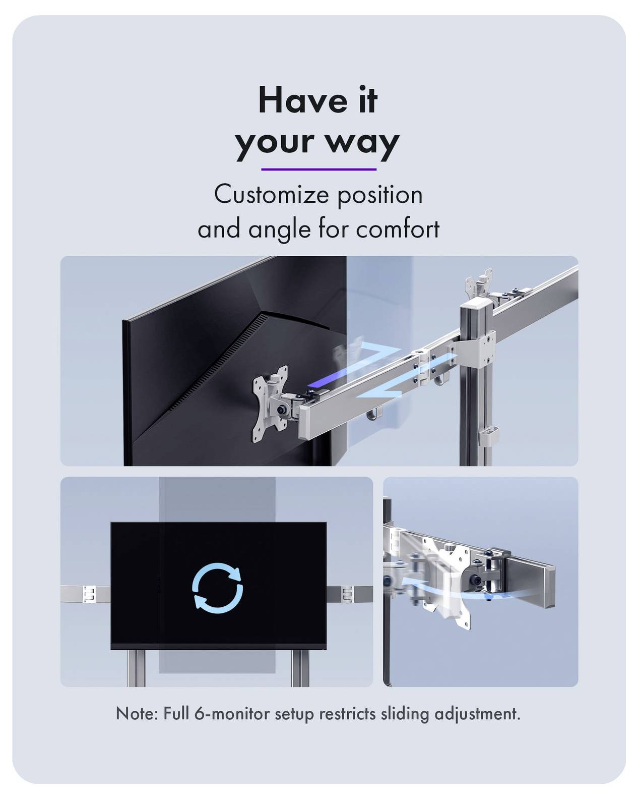 Werbegrafik mit einem verstellbaren Monitorarm in mehreren Positionen mit dem Text „Ganz wie du willst