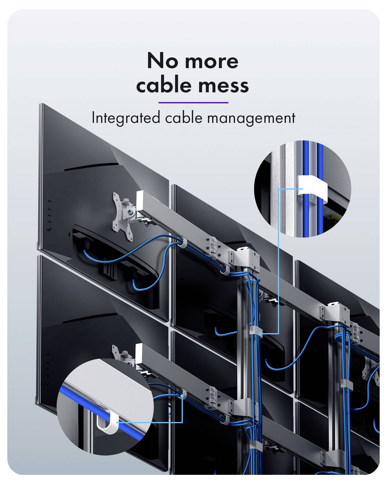 Anzeige mit der Rückseite mehrerer Monitore mit integriertem Kabelmanagement, Kabel ordentlich geführt, um Unordnung zu reduzieren, mit Text „Keine Kabelunordnung mehr