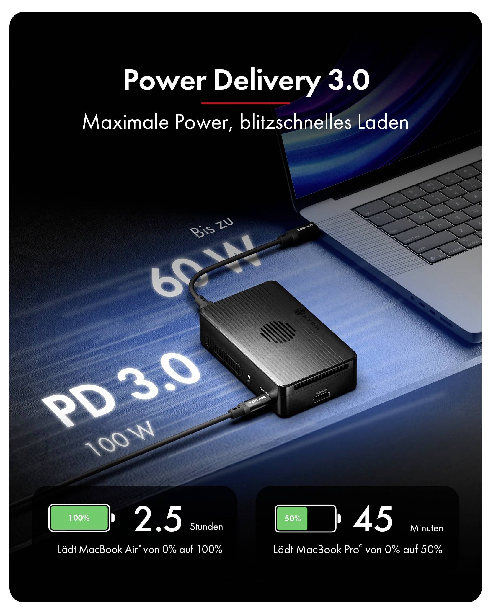 Werbegrafik für Power Delivery 3.0 mit einem Laptop, der über einen kompakten 100-W-Adapter aufgeladen wird; der Text sagt „Maximale Power, blitzschnelles Laden