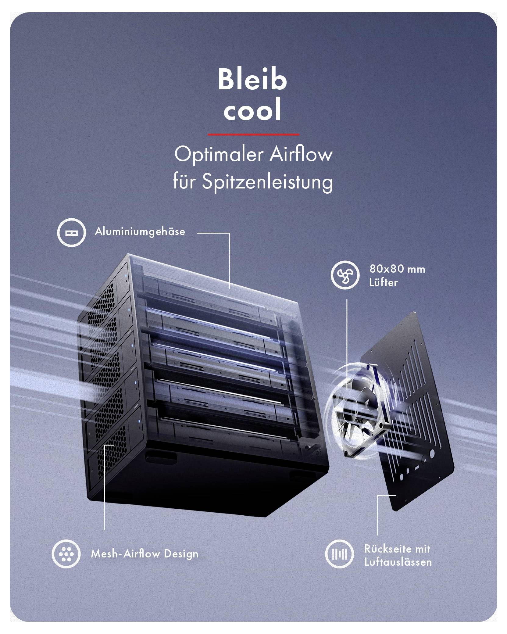 Anzeige für eine Kühleinheit: 'Bleib cool' und 'Optimaler Airflow für Spitzenleistung', mit einem Aluminium-Mesh-Airflow-Gehäuse mit 80×80 mm Lüfter und hinteren Luftauslässen.