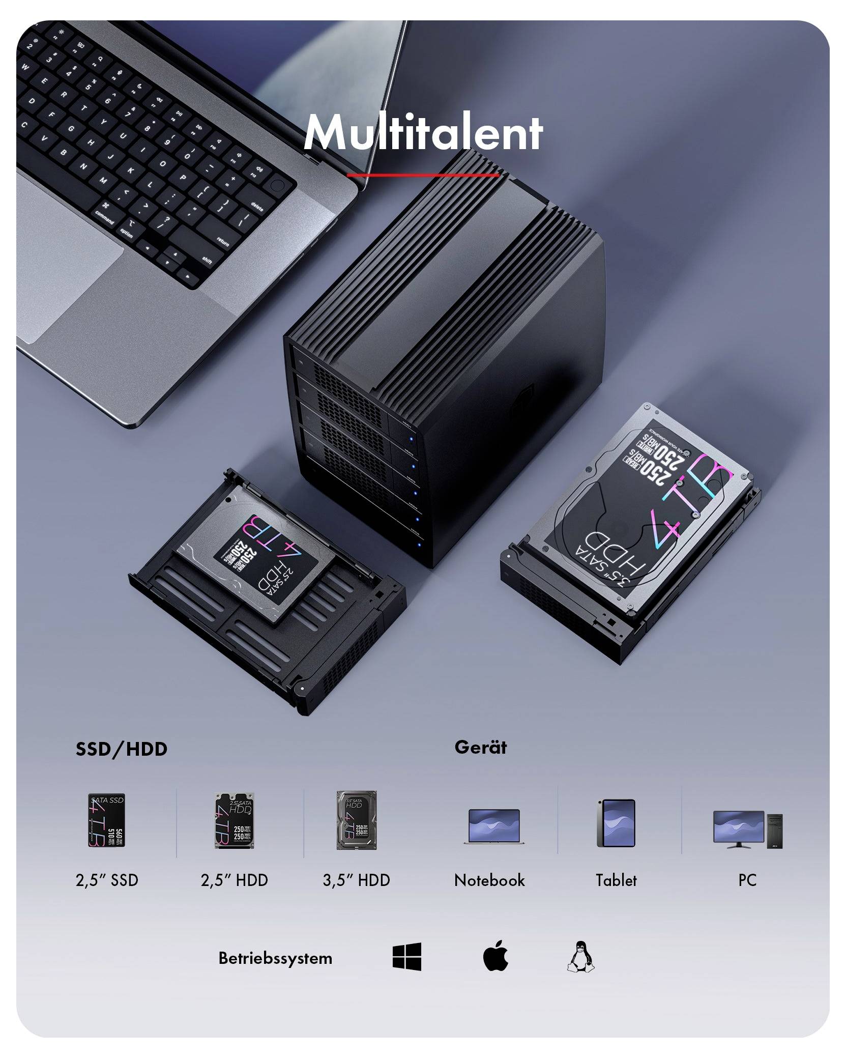 Multitalent-Speichergerät, gezeigt mit einem Laptop und austauschbaren Laufwerkschächten, kompatibel mit 2,5