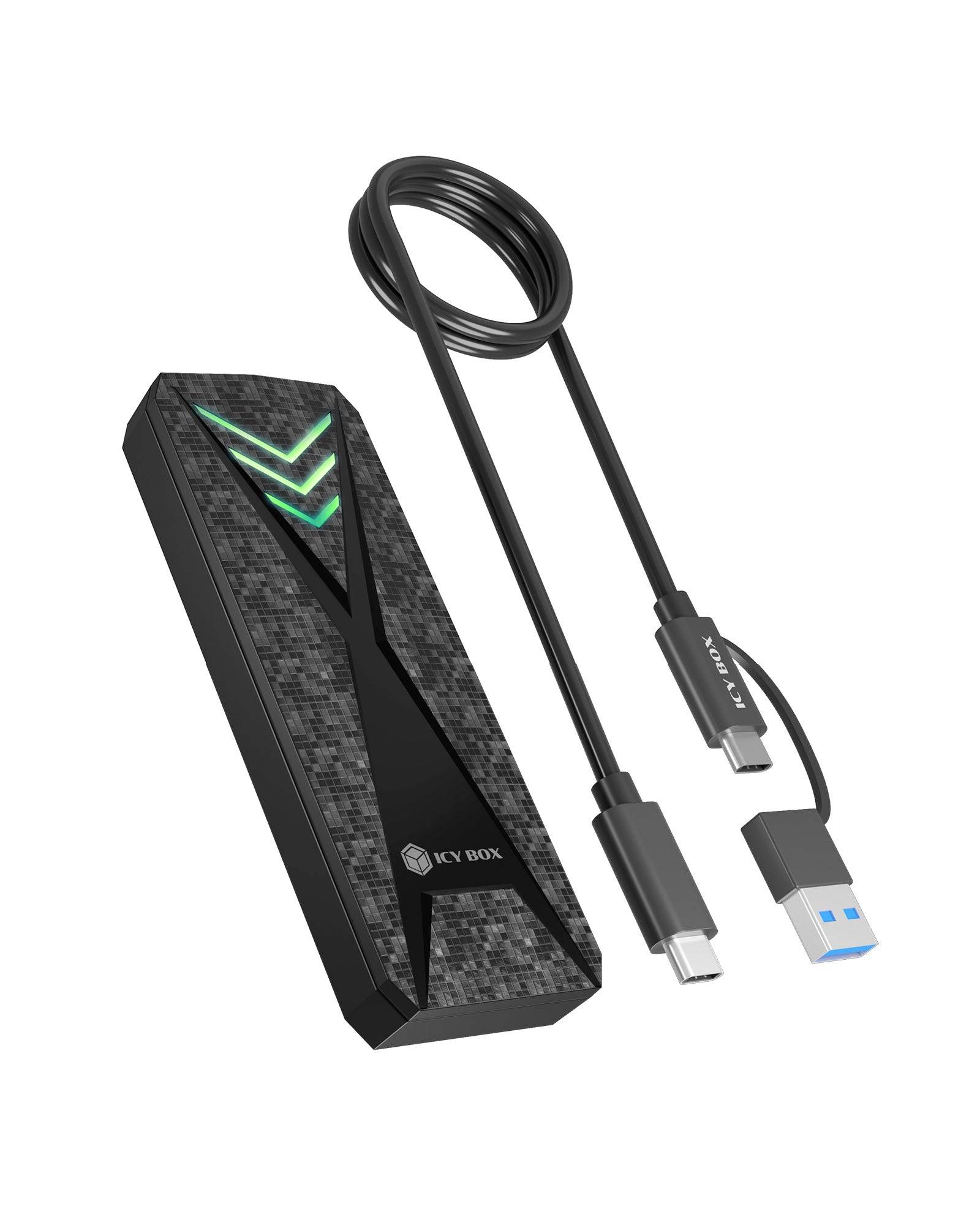 Schwarze KY BOX USB-C Hub/Dockingstation mit geflochtenem Kabel und Adaptern, gezeigt neben USB-C und USB-A Steckverbindern auf weißem Hintergrund.