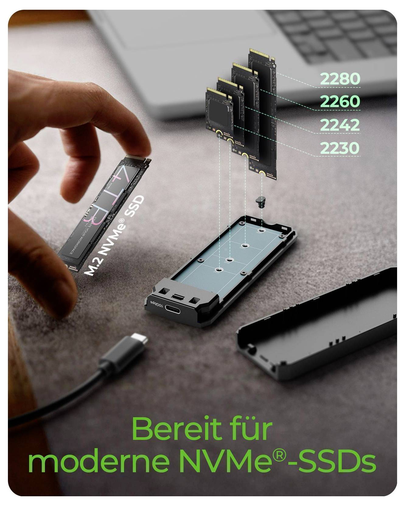 Explodierte Ansicht der NVMe-SSD-Montage mit M.2 NVMe-SSD, beschrifteten Controller-Chips 2280, 2260, 2242, 2230, mit Text „Bereit für moderne NVMe-SSDs