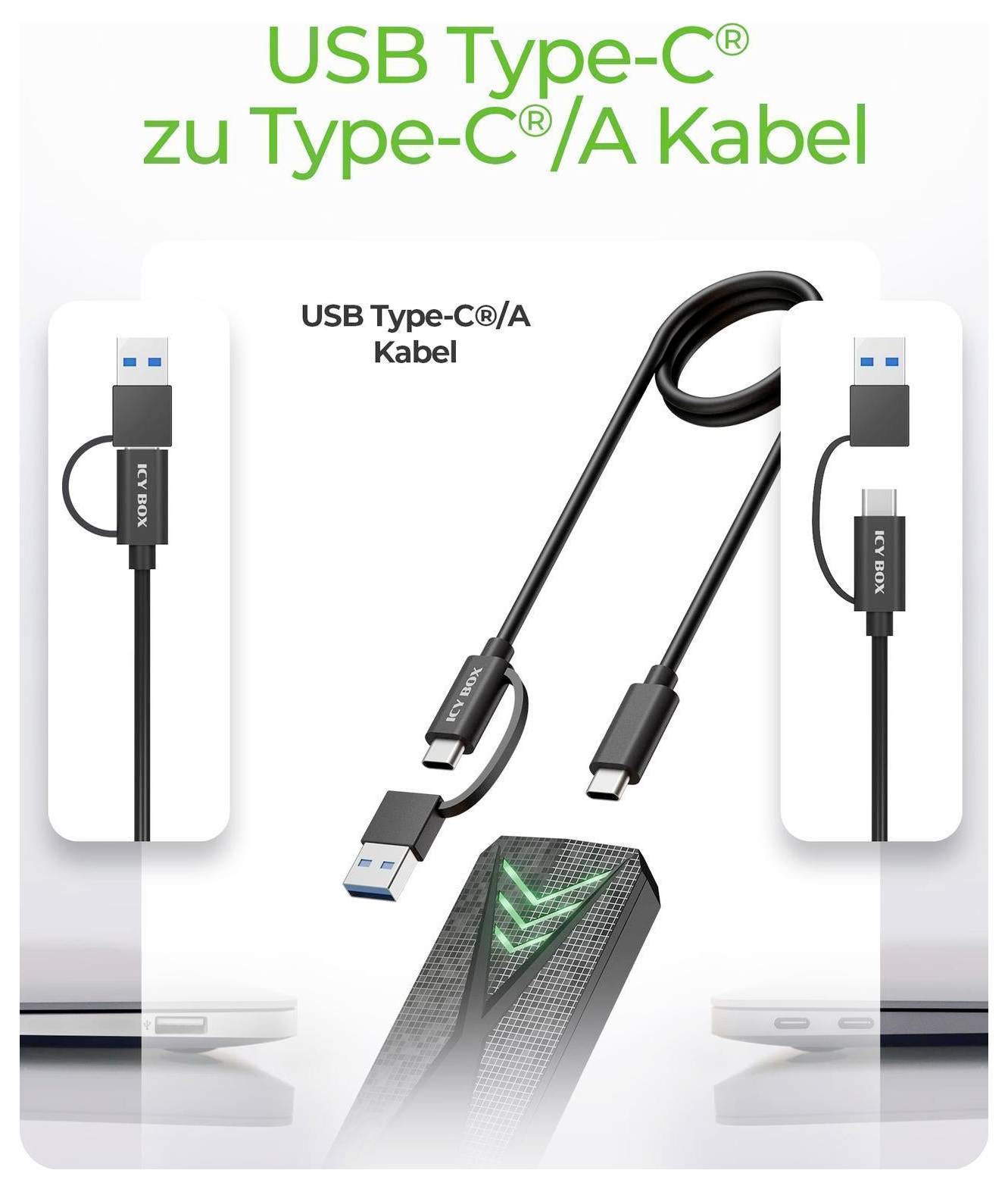 Produktbild eines USB-Typ-C-zu-USB-Typ-C/A-Kabels, das beide Steckerenden und ein geflochtenes schwarzes Kabel zum Aufladen oder zur Datenübertragung zeigt.