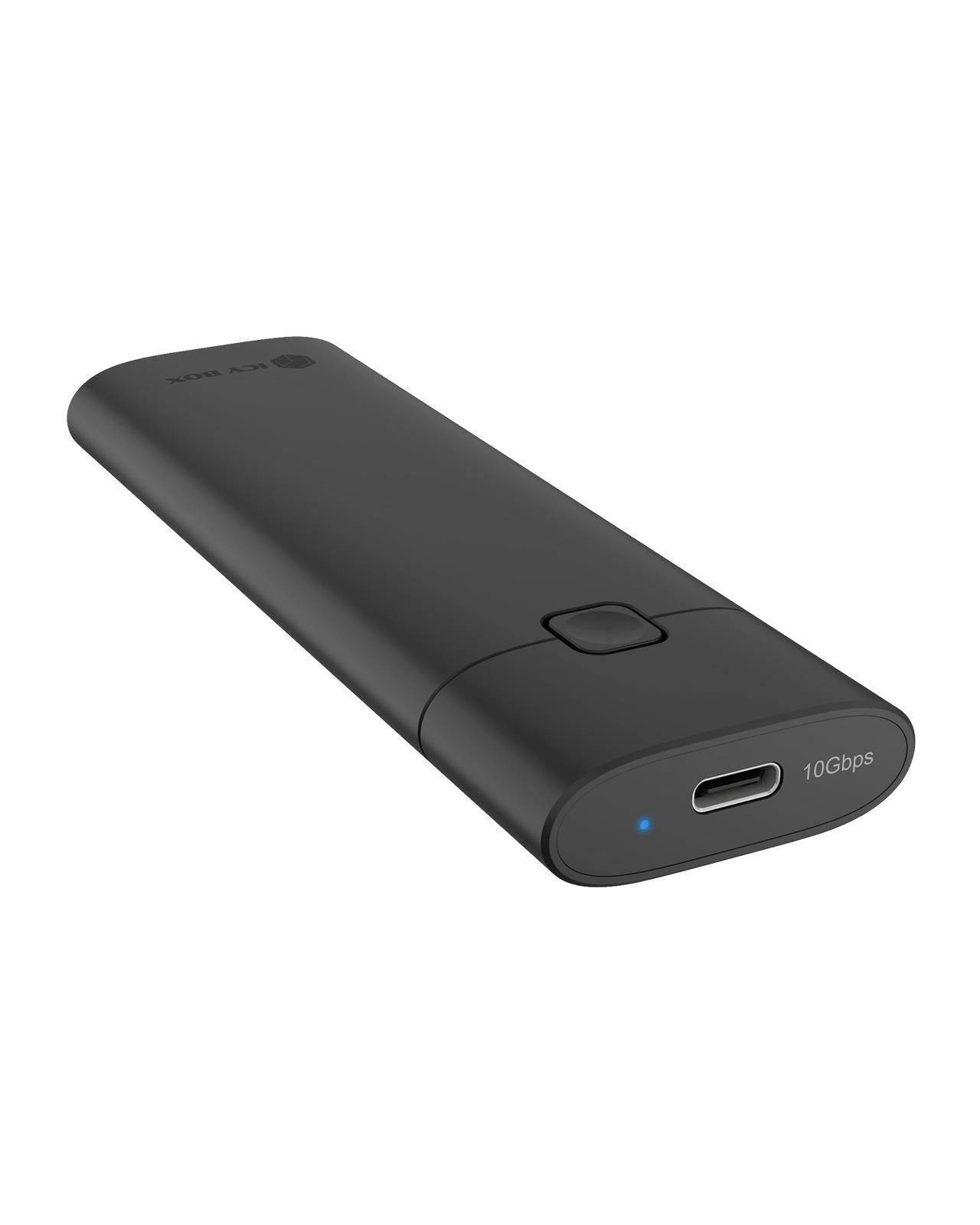 Tragbare schwarze SSD mit USB-C-Anschluss und kleiner blauer LED-Anzeige, gezeigt auf weißem Hintergrund.