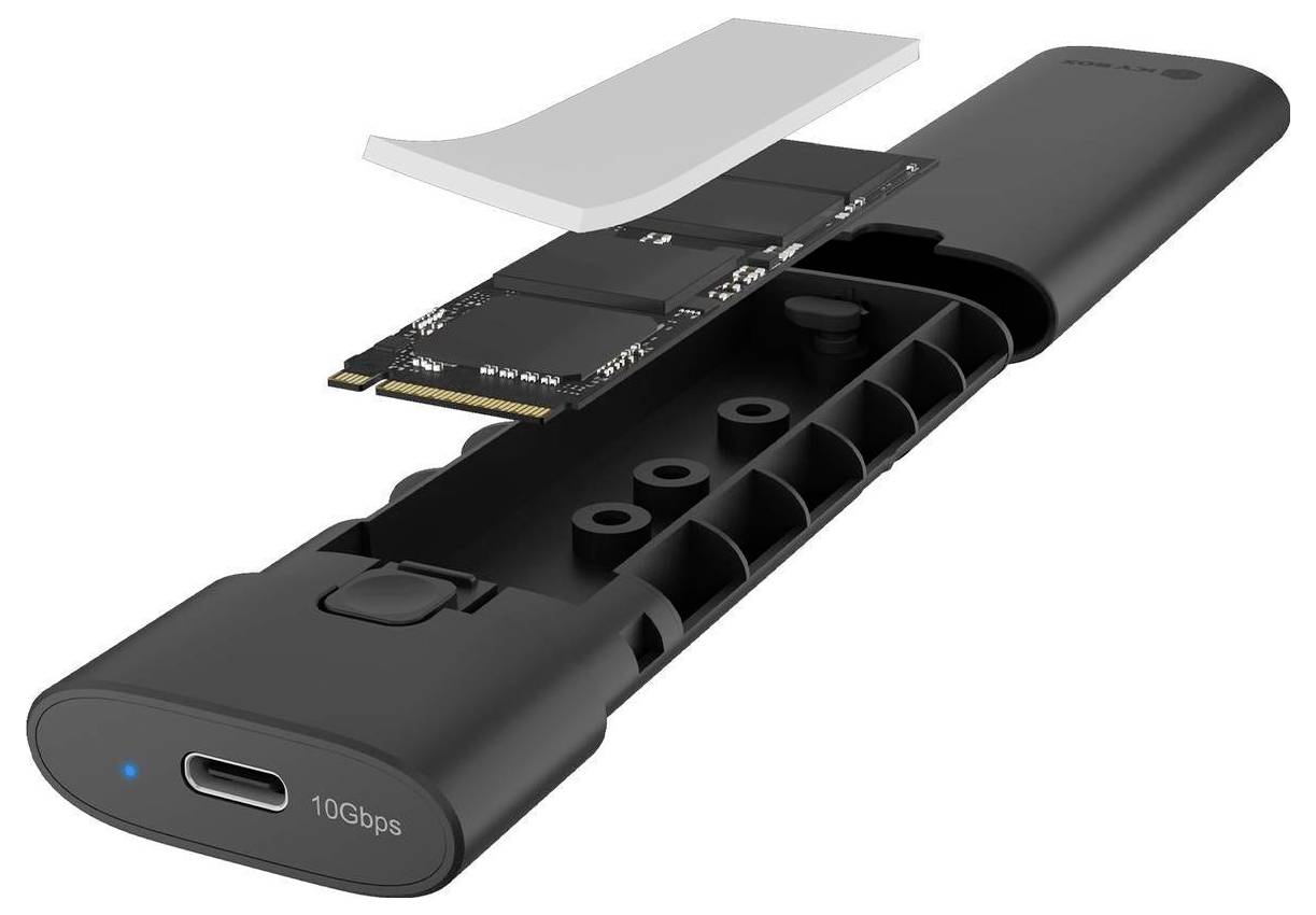 Explosionsdarstellung eines USB-C-Gehäuses für tragbare SSDs mit der internen SSD-Platine und dem Wärmeleiterpad, die über dem schwarzen Gehäuse dargestellt sind.