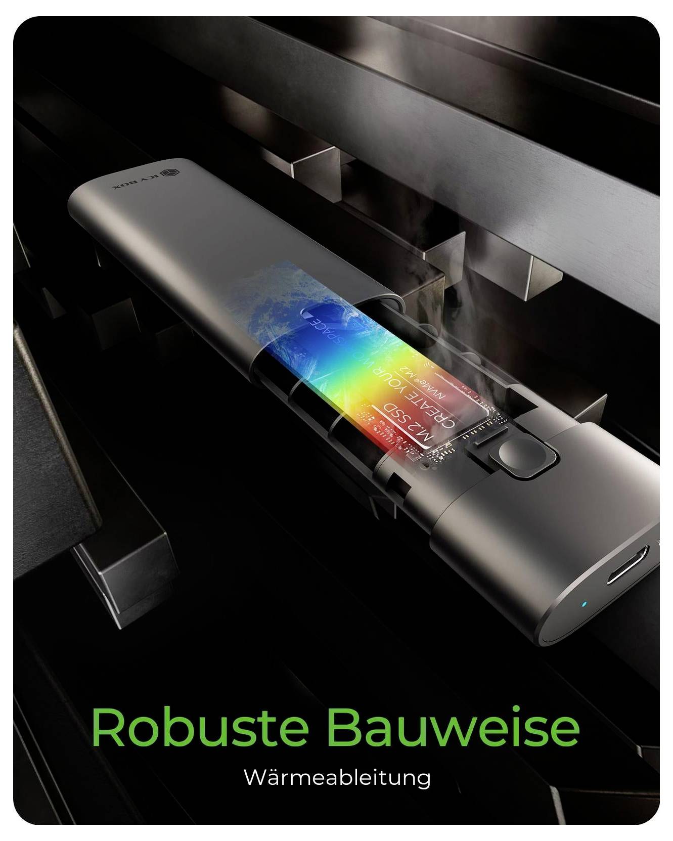 Tragbares schwarzes Gerät, das mit einer Wärmeableitungsgrafik und dem deutschen Text „Robuste Bauweise