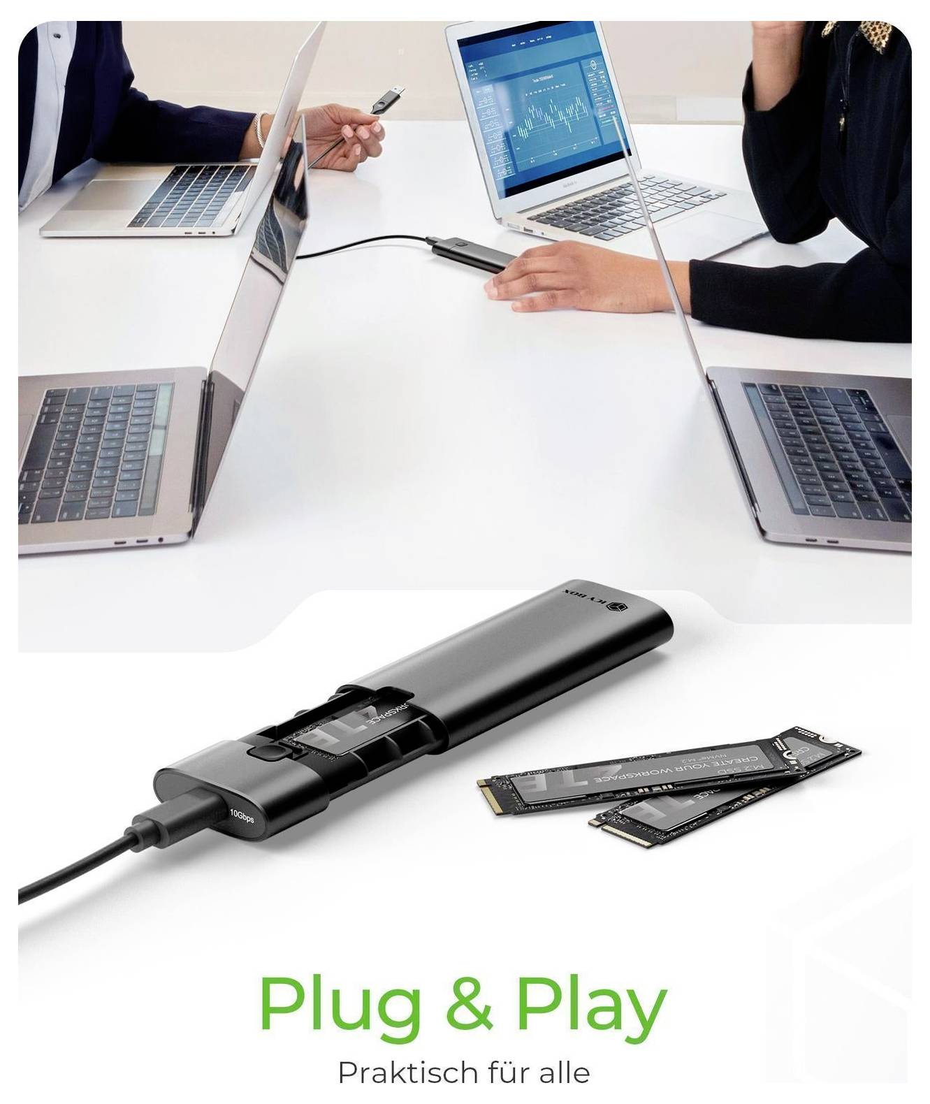 USB-C Dockingstation mit mehreren angeschlossenen Laptops, dargestellt als Plug-and-Play-Gerät zur gemeinsamen Nutzung als Arbeitsstation.