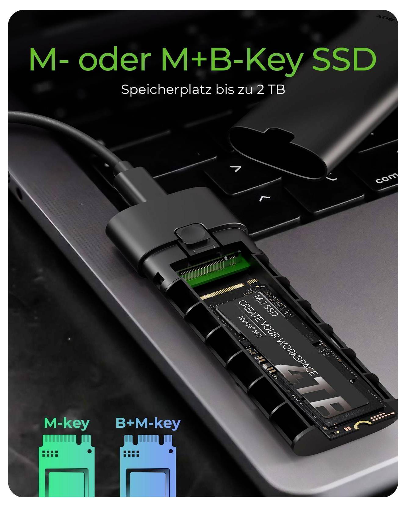 Diagramm einer M.2 SSD mit M-Key und B+M-Key Typen, mit deutschem Text „M- oder M+B-Key SSD