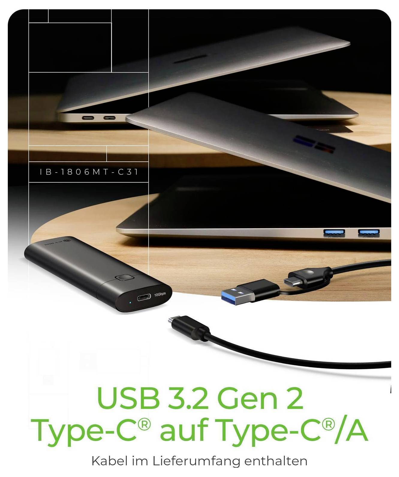 Produktbild eines USB 3.2 Gen 2 Typ-C zu Typ-C/A-Kabels, das mit dem Gerät mitgeliefert wird und eine Powerbank sowie USB-C- und USB-A-Anschlüsse zeigt.