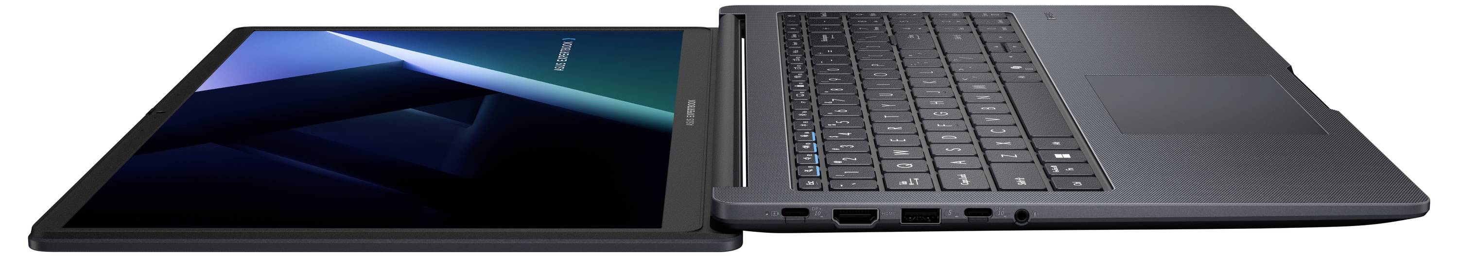 Ein Laptop, der in Seitenansicht teilweise geöffnet gezeigt wird, mit dem Bildschirm auf der linken Seite und der Tastatur auf der rechten Seite, auf dem ein dunkelblauer abstrakter Hintergrund angezeigt wird.