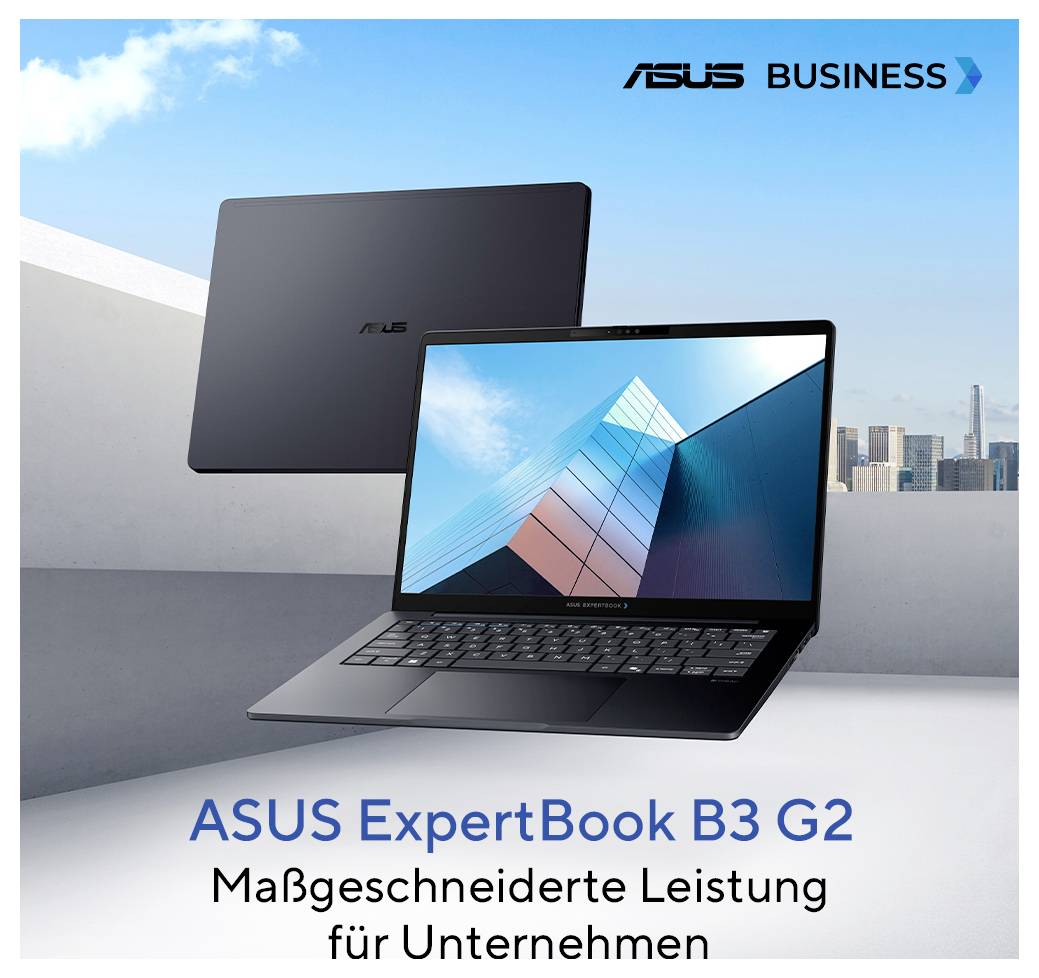 ASUS ExpertBook B3 G2 Laptop mit geöffnetem Display und einem zweiten geschlossenen Laptop dahinter; Text lautet „ASUS BUSINESS" und „Maßgeschneiderte Leistung für Unternehmen".