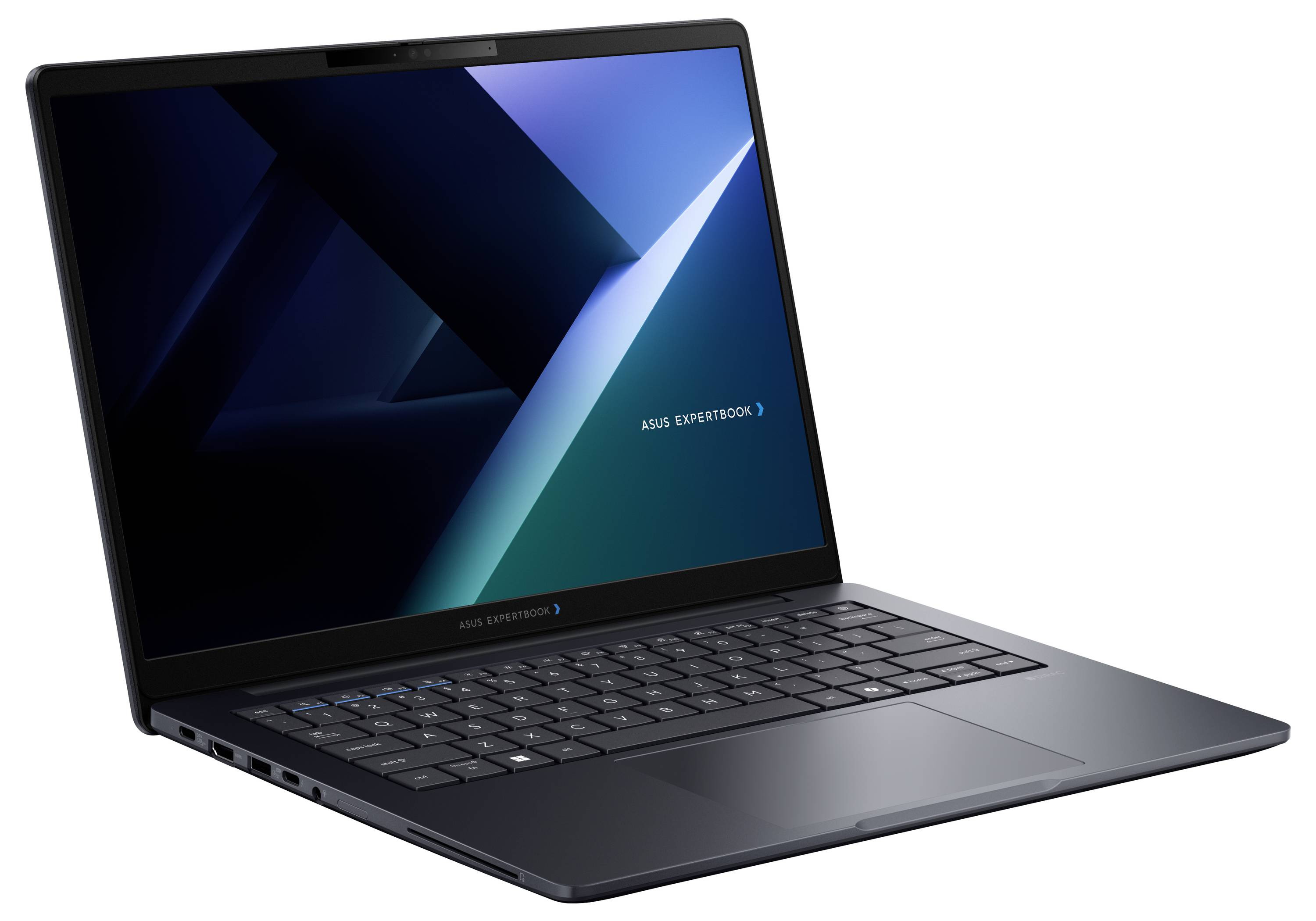 Aufgeklappter Laptop-Computer mit einem dunkelblauem geometrischen Hintergrundbild auf weißem Hintergrund.