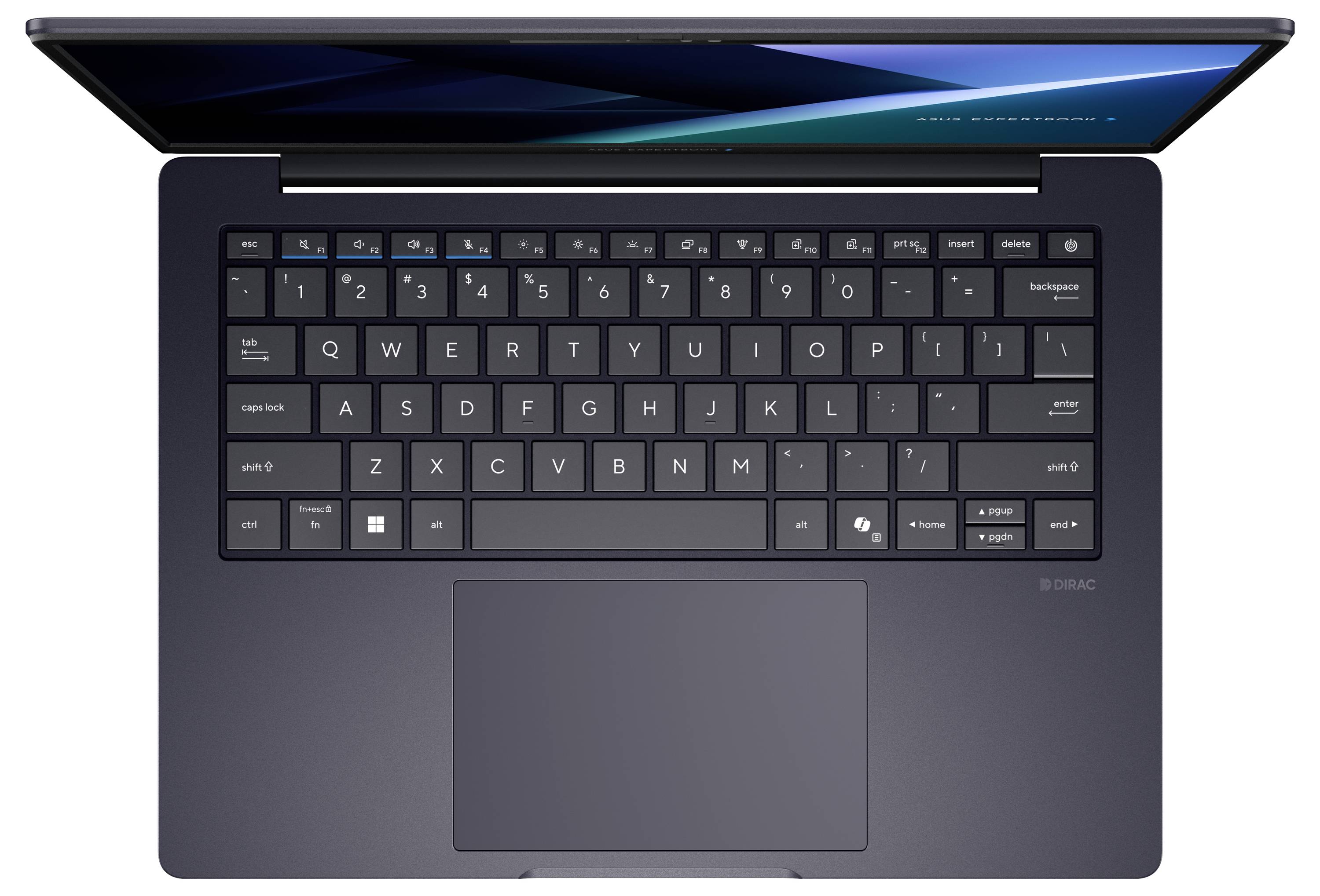 Draufsicht auf einen dunklen Laptop mit leicht geöffnetem Bildschirm, der die Tastatur, das Trackpad und das schlanke, blau akzentuierte Display zeigt.