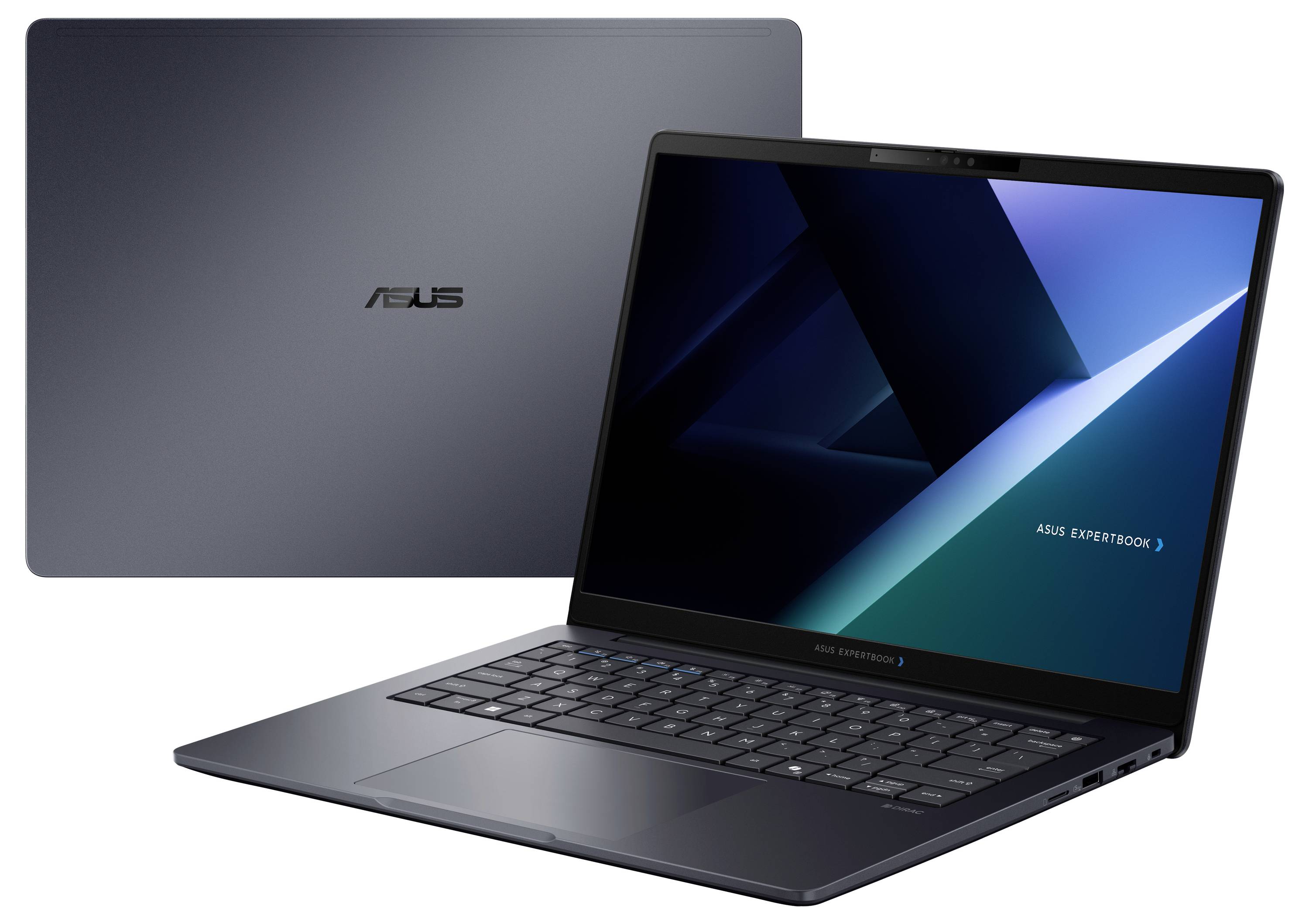 ASUS ExpertBook Laptop, offen dargestellt mit einem blauen geometrischen Bildschirm und geschlossenem Deckel dahinter auf weißem Hintergrund.