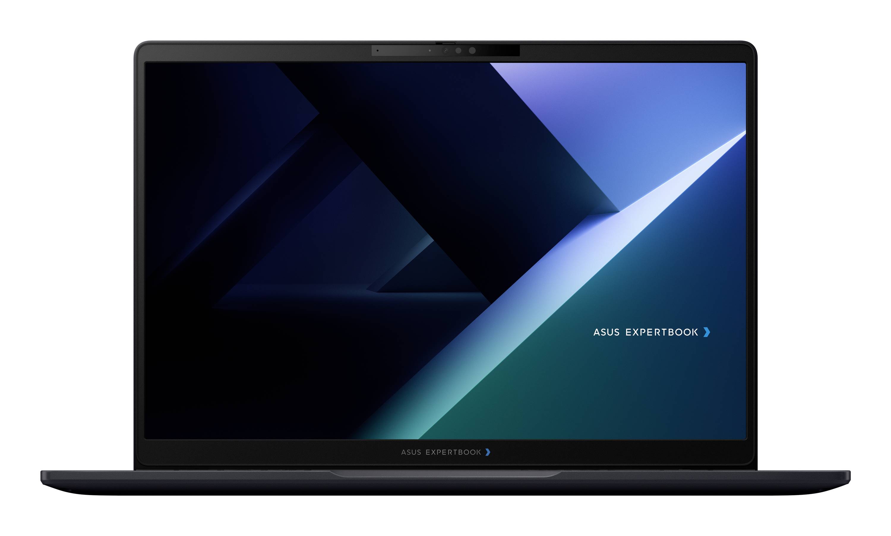 Vorderansicht eines ASUS ExpertBook-Laptops mit einem dunkelblauem geometrischem Bildschirm, auf dem das Logo 