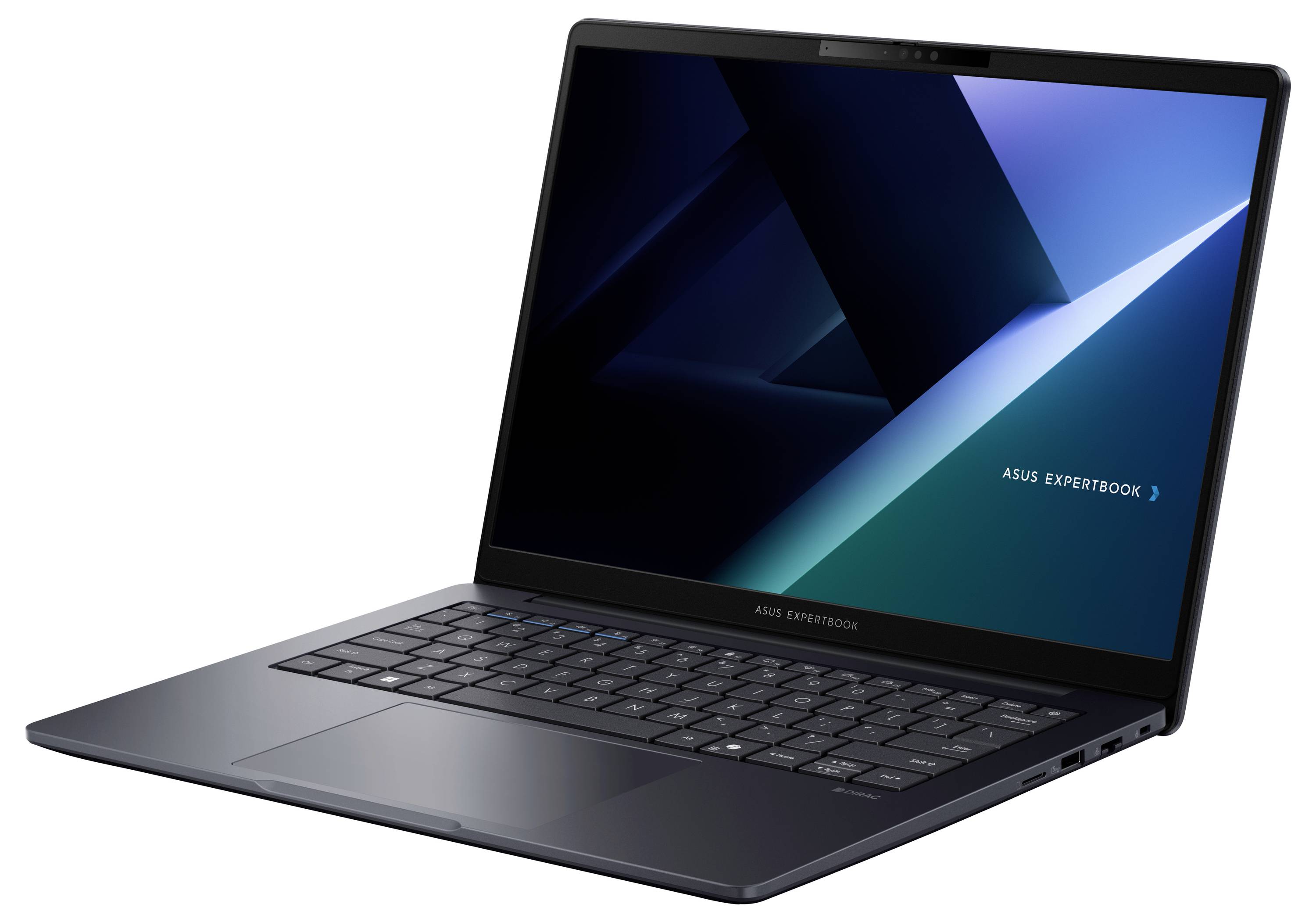 Ein offenes ASUS ExpertBook Laptop auf weißem Hintergrund, mit Tastatur und blauem geometrischem Hintergrundbild auf dem Bildschirm.