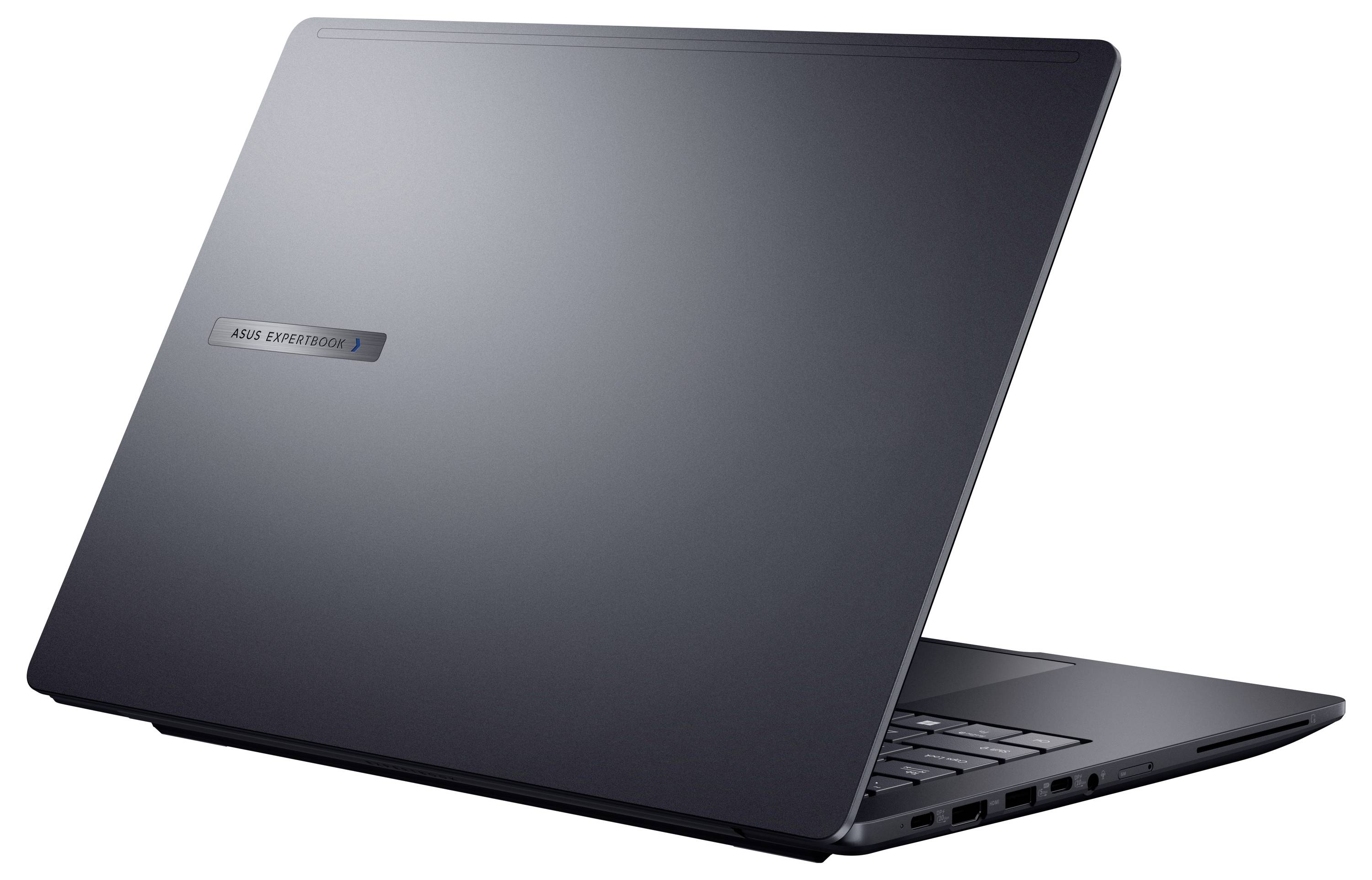 Geschlossenes schwarzes ASUS-Laptop, das in einem Winkel auf weißem Hintergrund gezeigt wird.