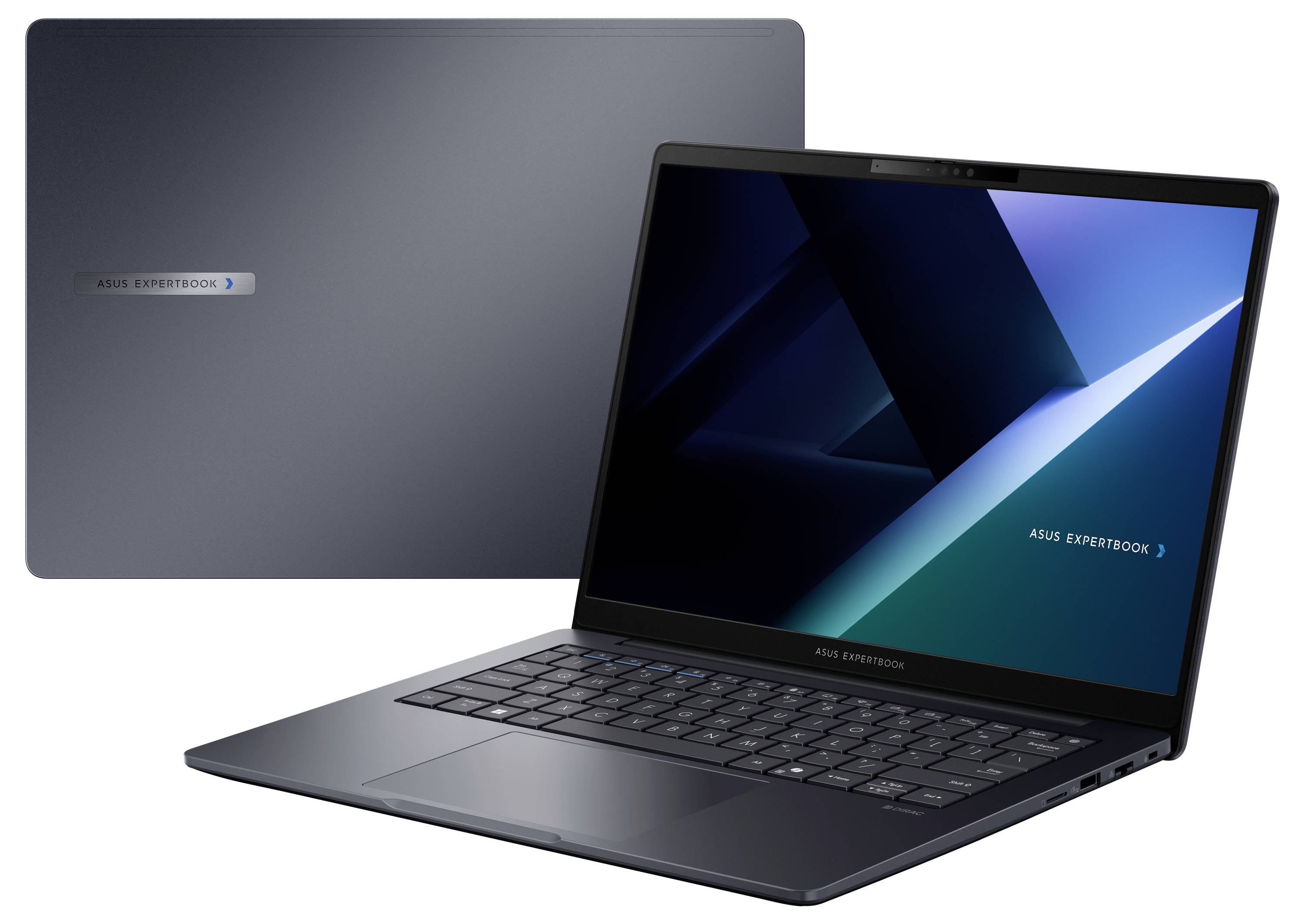 ASUS ExpertBook Laptop geöffnet mit dunkelblauem Bildschirm, daneben die geschlossene Rückseite des Deckels sichtbar.