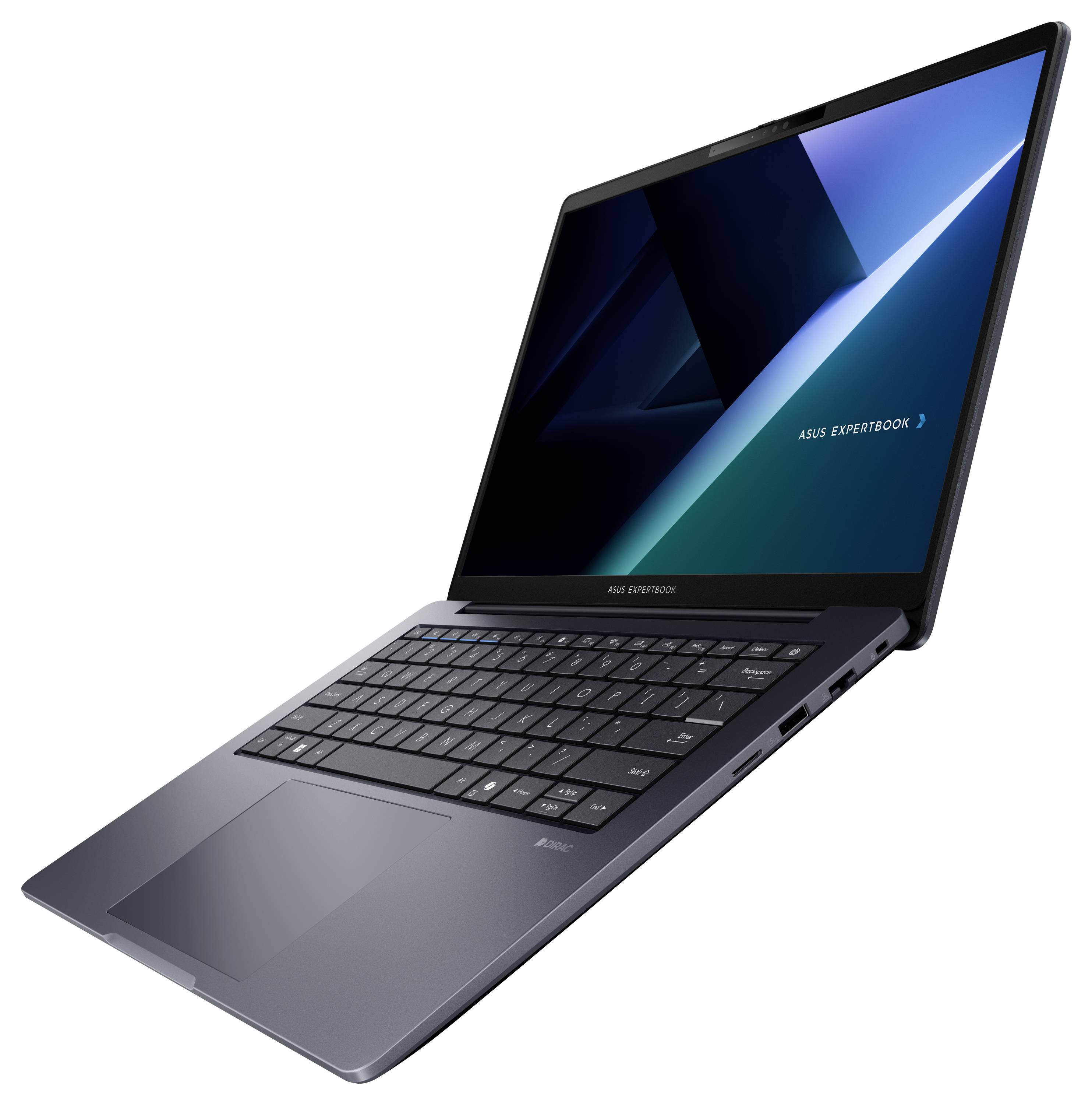 Ein elegantes ASUS ExpertBook-Laptop, das in einem Winkel geöffnet auf weißem Hintergrund dargestellt ist, wobei der Bildschirm eine blaue abstrakte Tapete anzeigt.