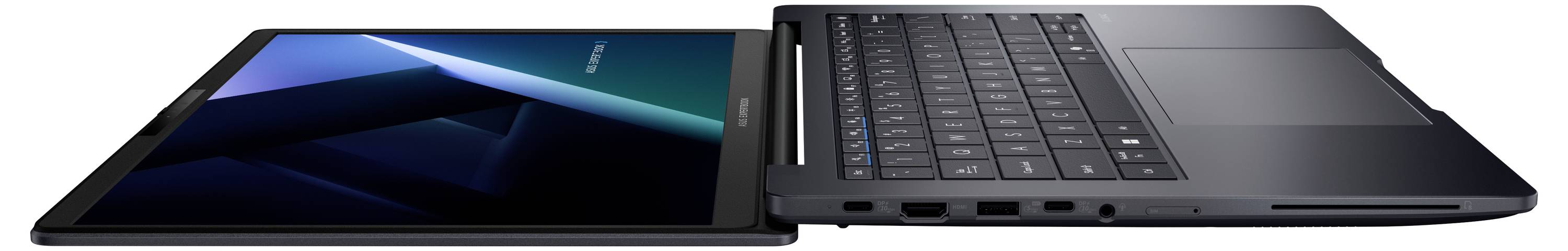 Seitenansicht eines geöffneten Laptops mit dem Bildschirm und der Tastatur, wobei die Anschlüsse an der rechten Kante sichtbar sind.