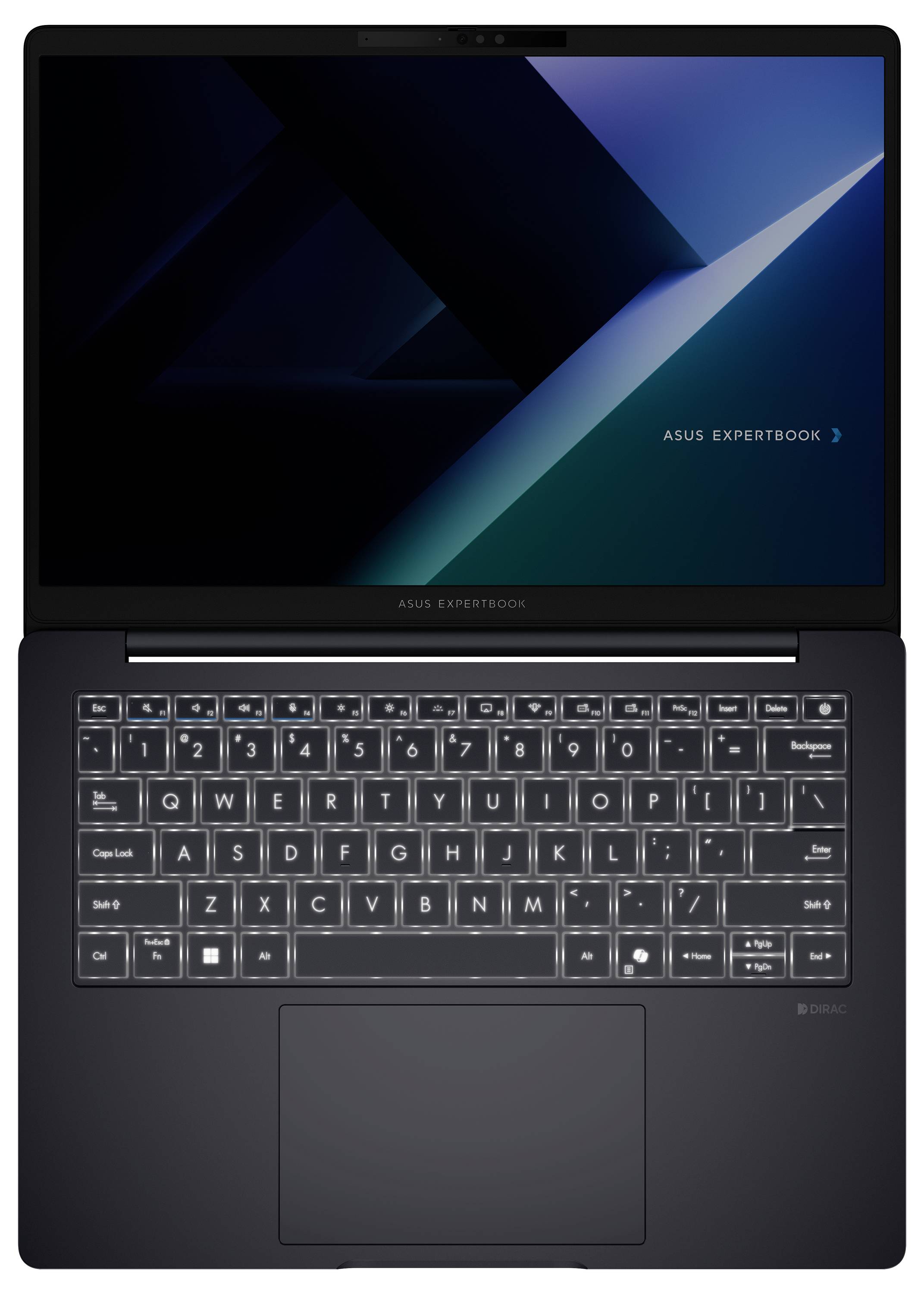 Black ASUS ExpertBook Laptop, geöffnet gezeigt, mit Bildschirm, der abstrakte blaue geometrische Tapete anzeigt, und kompakte Tastatur mit großem Touchpad.